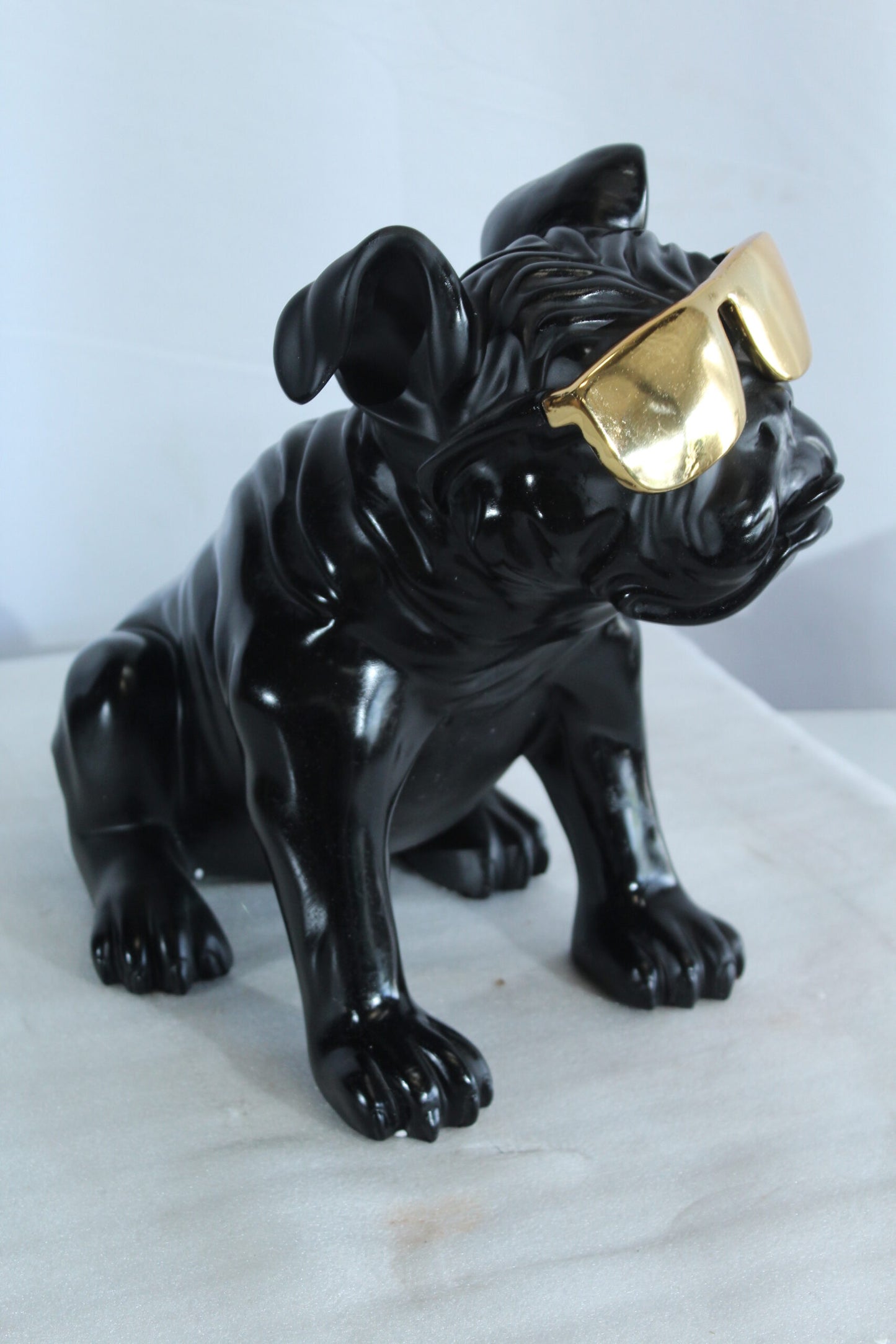 Nifao Black Resin Bulldog Statue with Gold Sunglasses – Glossy Modern Dog Figurine, Durable Resin Pop Art Sculpture for Home & Office Decor, Unique Gift17 x 9" x 13"H