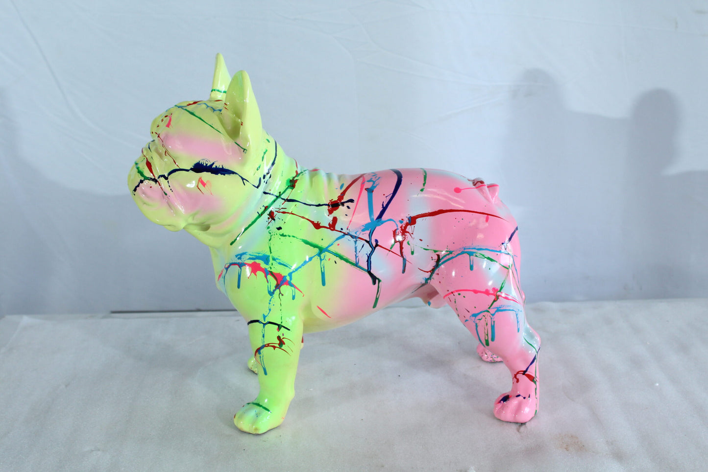 Nifao Colorful French Bulldog Statue – Hand-Painted Resin Dog Figurine with Neon Splatter Paint Design, Pop Art Modern Home, Office, or Gallery Decor Accent 11" x 5" x 10"H