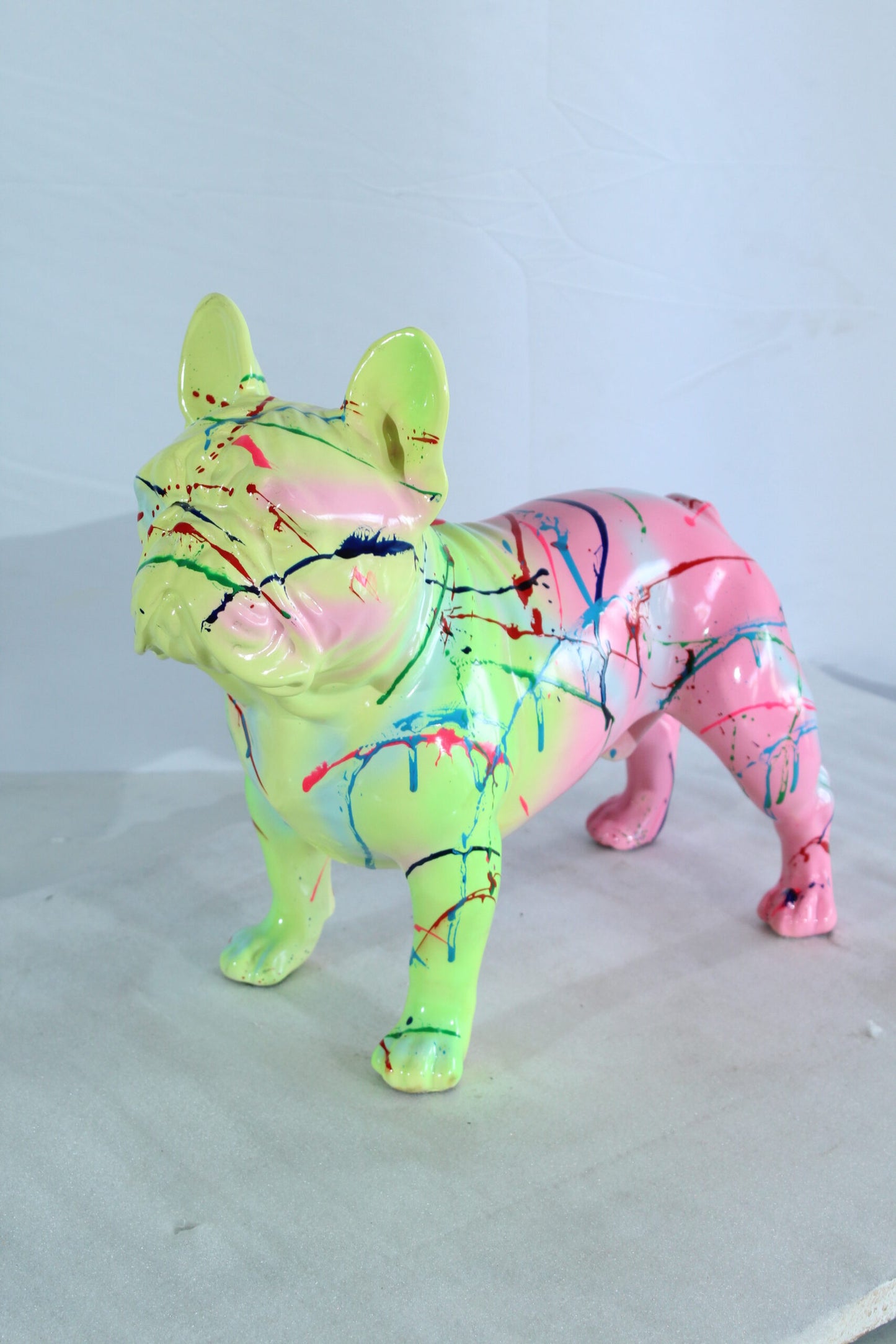 Nifao Colorful French Bulldog Statue – Hand-Painted Resin Dog Figurine with Neon Splatter Paint Design, Pop Art Modern Home, Office, or Gallery Decor Accent 11" x 5" x 10"H