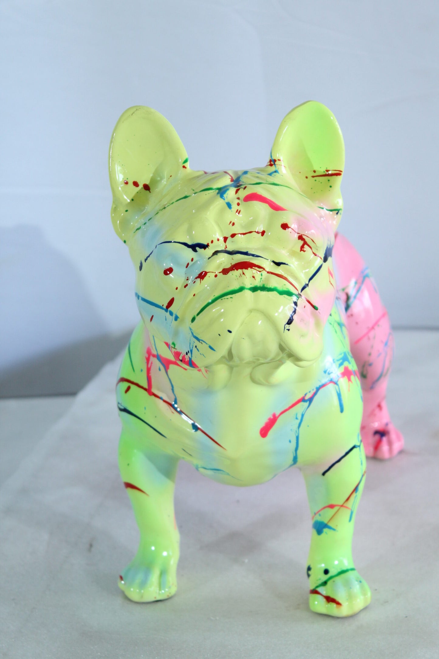 Nifao Colorful French Bulldog Statue – Hand-Painted Resin Dog Figurine with Neon Splatter Paint Design, Pop Art Modern Home, Office, or Gallery Decor Accent 11" x 5" x 10"H