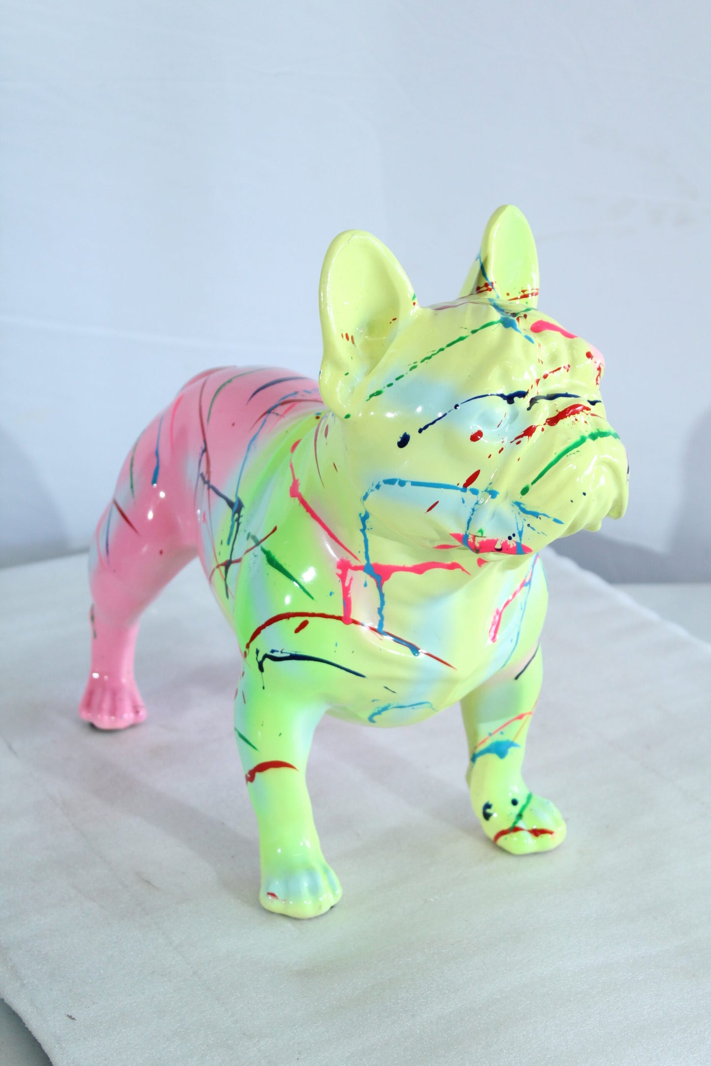 Nifao Colorful French Bulldog Statue – Hand-Painted Resin Dog Figurine with Neon Splatter Paint Design, Pop Art Modern Home, Office, or Gallery Decor Accent 11" x 5" x 10"H