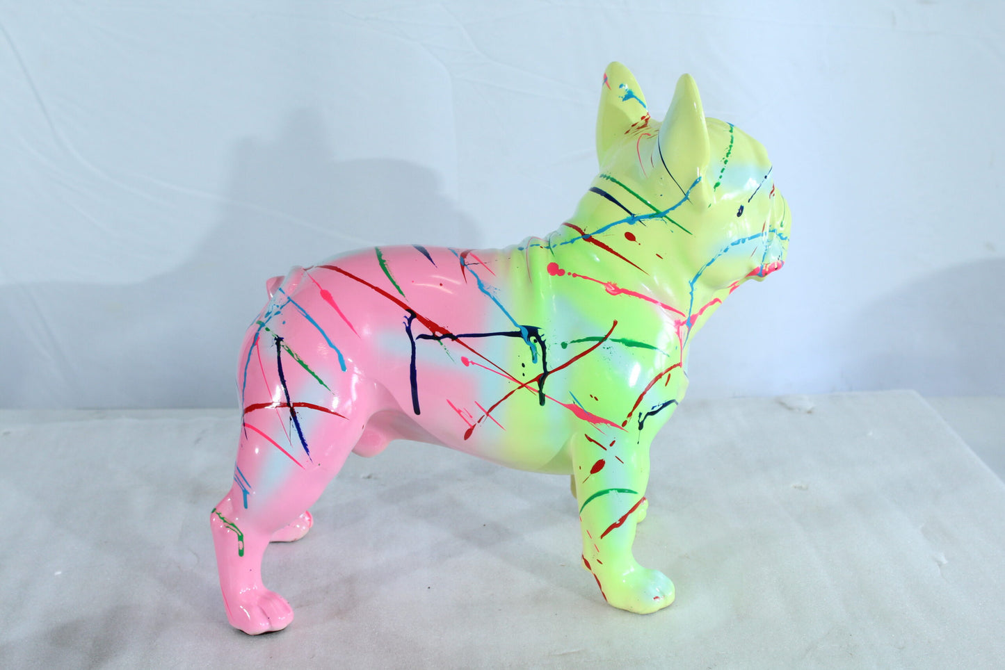 Nifao Colorful French Bulldog Statue – Hand-Painted Resin Dog Figurine with Neon Splatter Paint Design, Pop Art Modern Home, Office, or Gallery Decor Accent 11" x 5" x 10"H