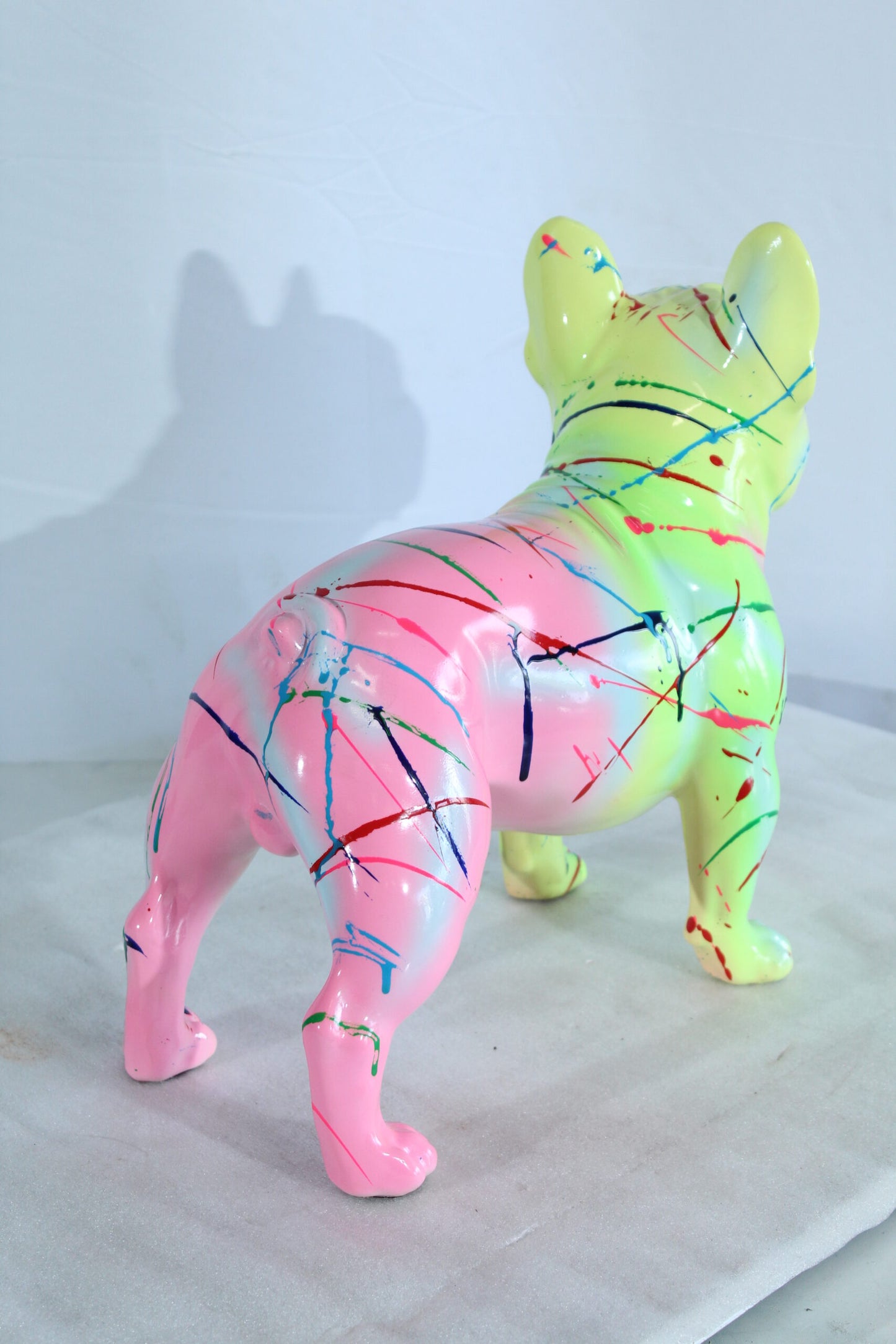 Nifao Colorful French Bulldog Statue – Hand-Painted Resin Dog Figurine with Neon Splatter Paint Design, Pop Art Modern Home, Office, or Gallery Decor Accent 11" x 5" x 10"H