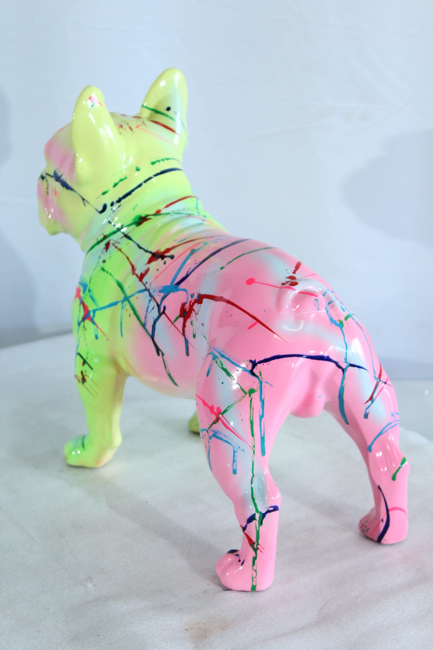 Nifao Colorful French Bulldog Statue – Hand-Painted Resin Dog Figurine with Neon Splatter Paint Design, Pop Art Modern Home, Office, or Gallery Decor Accent 11" x 5" x 10"H