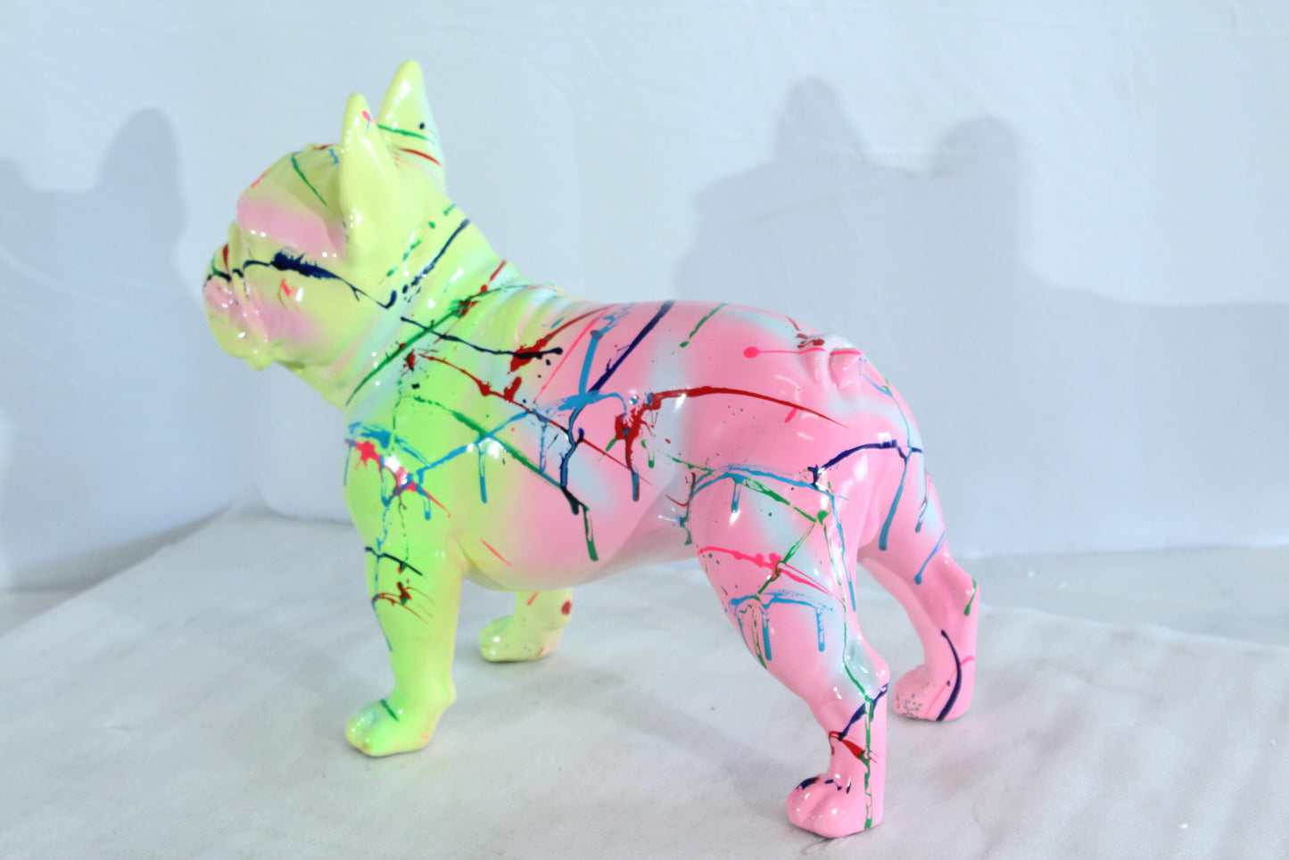 Nifao Colorful French Bulldog Statue – Hand-Painted Resin Dog Figurine with Neon Splatter Paint Design, Pop Art Modern Home, Office, or Gallery Decor Accent 11" x 5" x 10"H