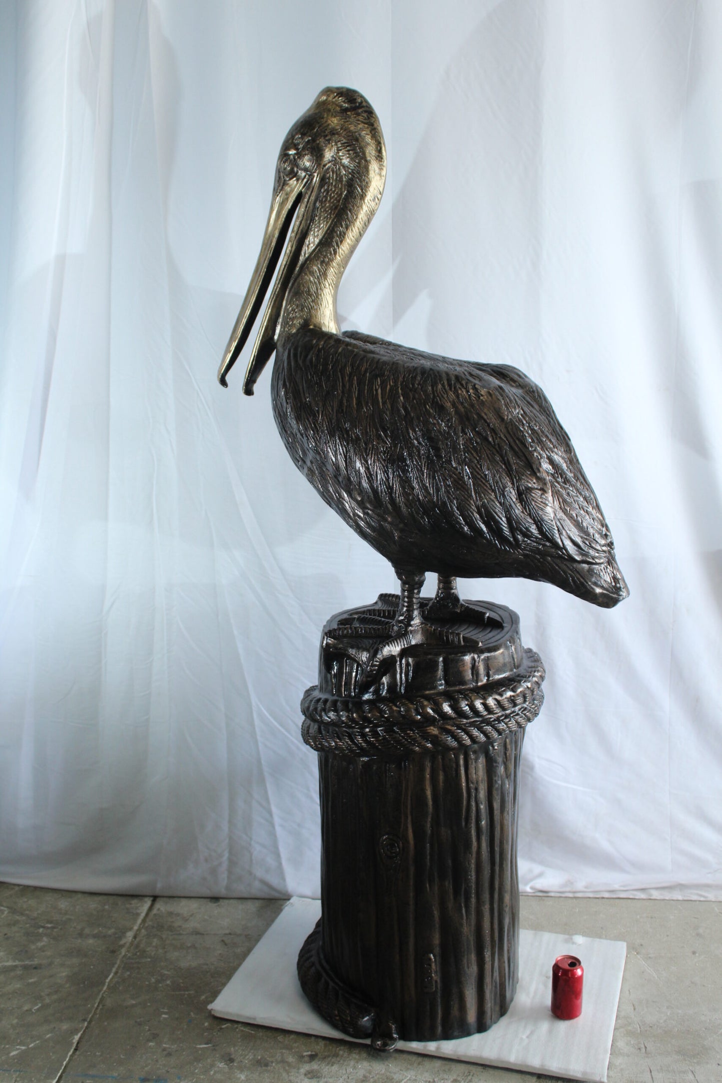 Giant Aluminum Pelican Statue Standing on Dock Post Sculpture 40" x 33" x 78"H