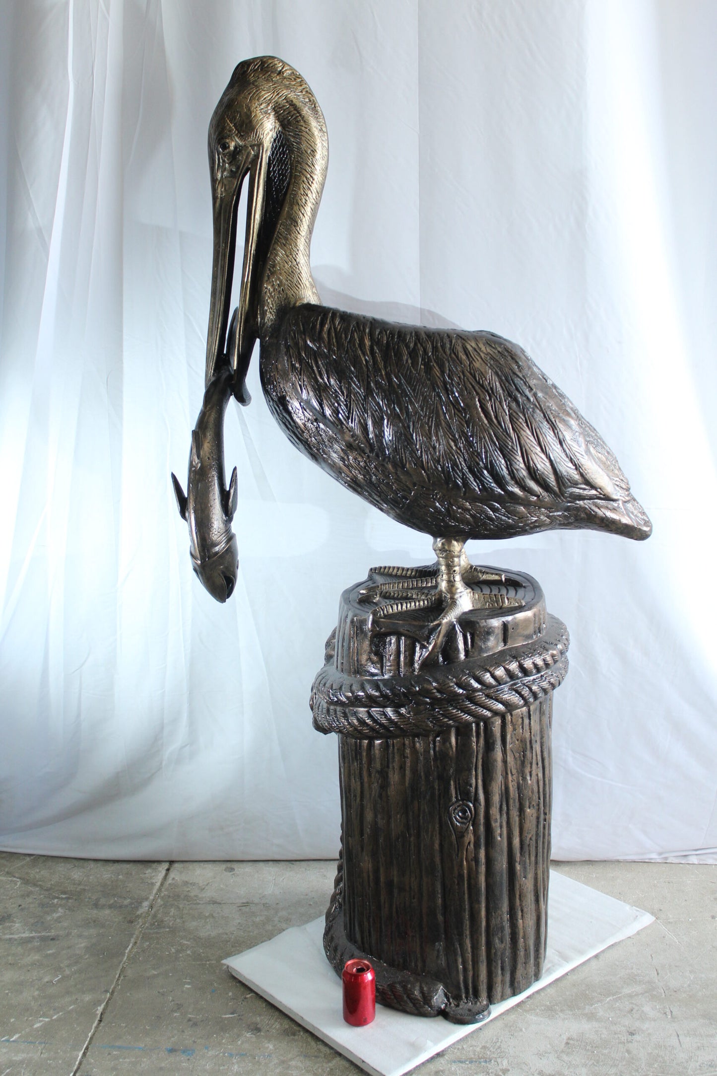 Giant Aluminum Pelican Statue Catching Fish on Dock Post 40" x 33" x 78"H