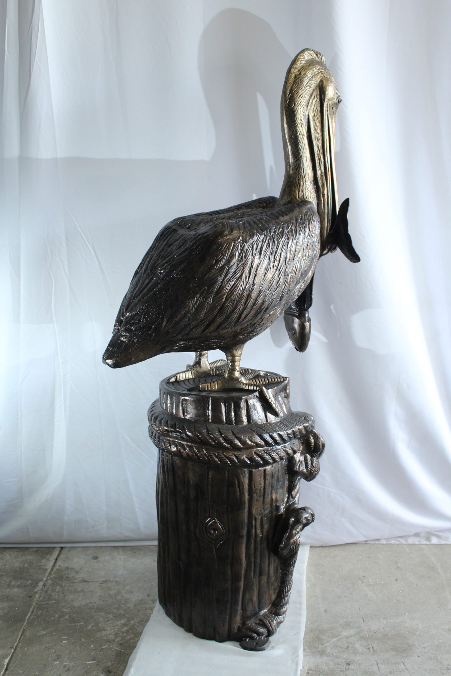 Giant Aluminum Pelican Statue Catching Fish on Dock Post 40" x 33" x 78"H