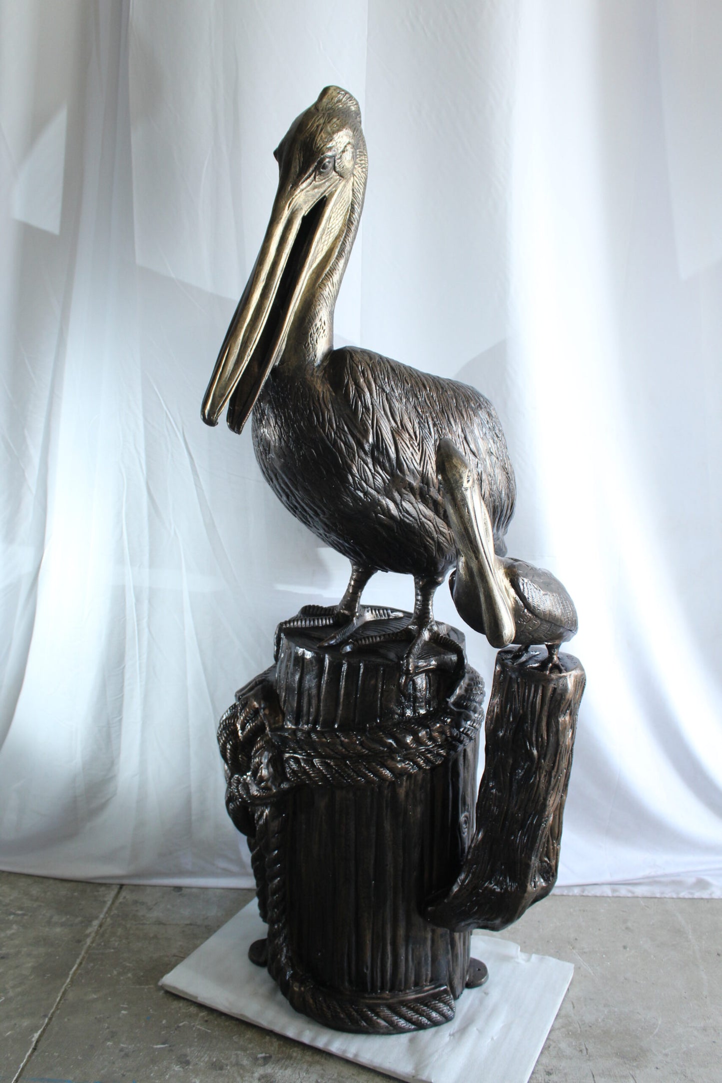 Giant Aluminum Mama Pelican with Baby Pelican Statue on Post 40" x 33" x 78"H