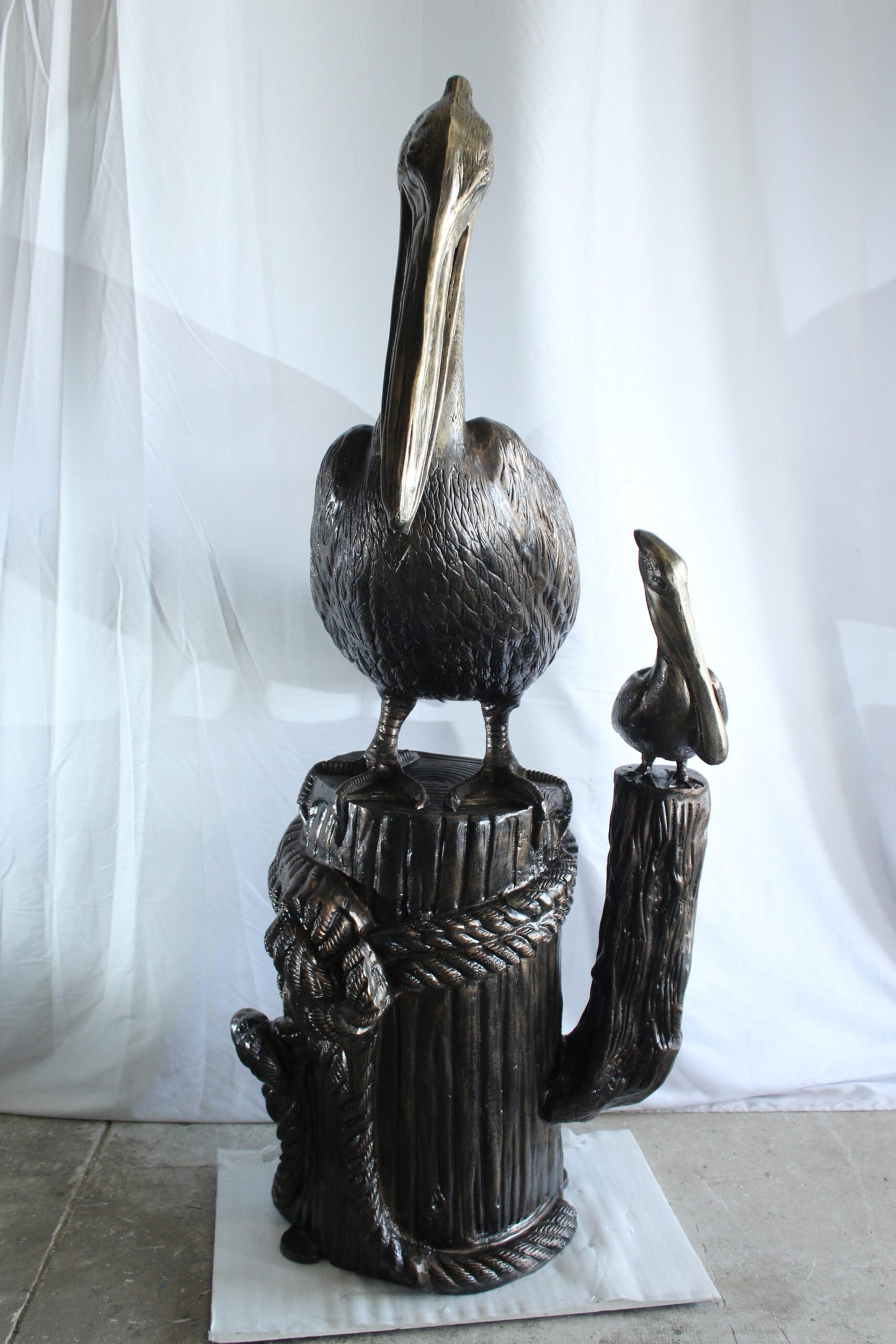 Giant Aluminum Mama Pelican with Baby Pelican Statue on Post 40" x 33" x 78"H