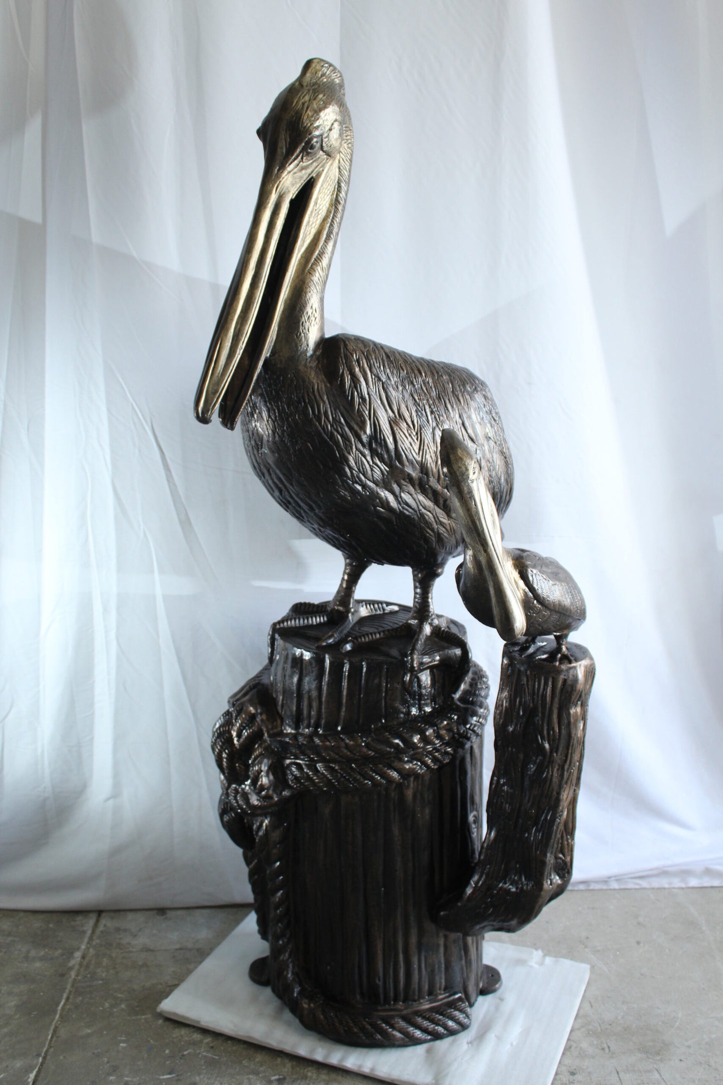 Giant Aluminum Mama Pelican with Baby Pelican Statue on Post 40" x 33" x 78"H