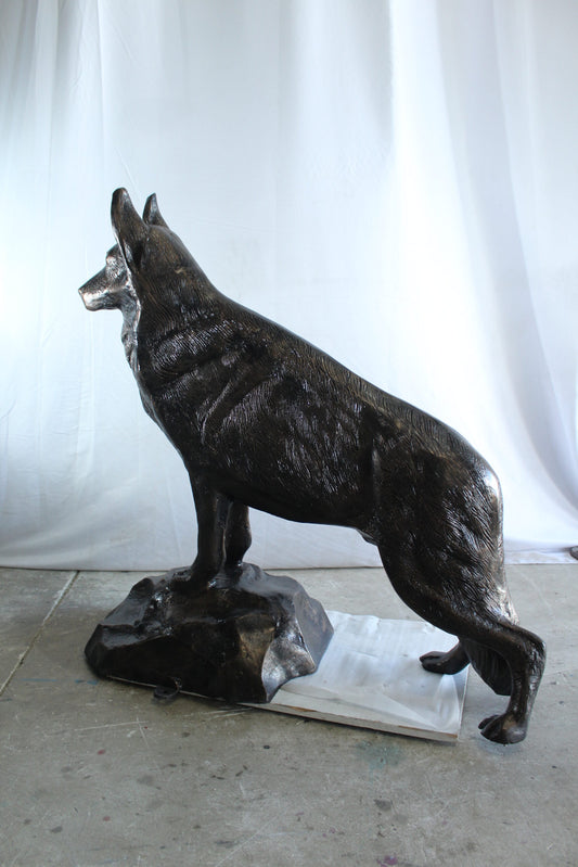 NIFAO Giant Aluminum German Shepherd Statue Standing on Rock Base – Outdoor & Indoor Decorative Sculpture - Large 46" x 20" x 49"