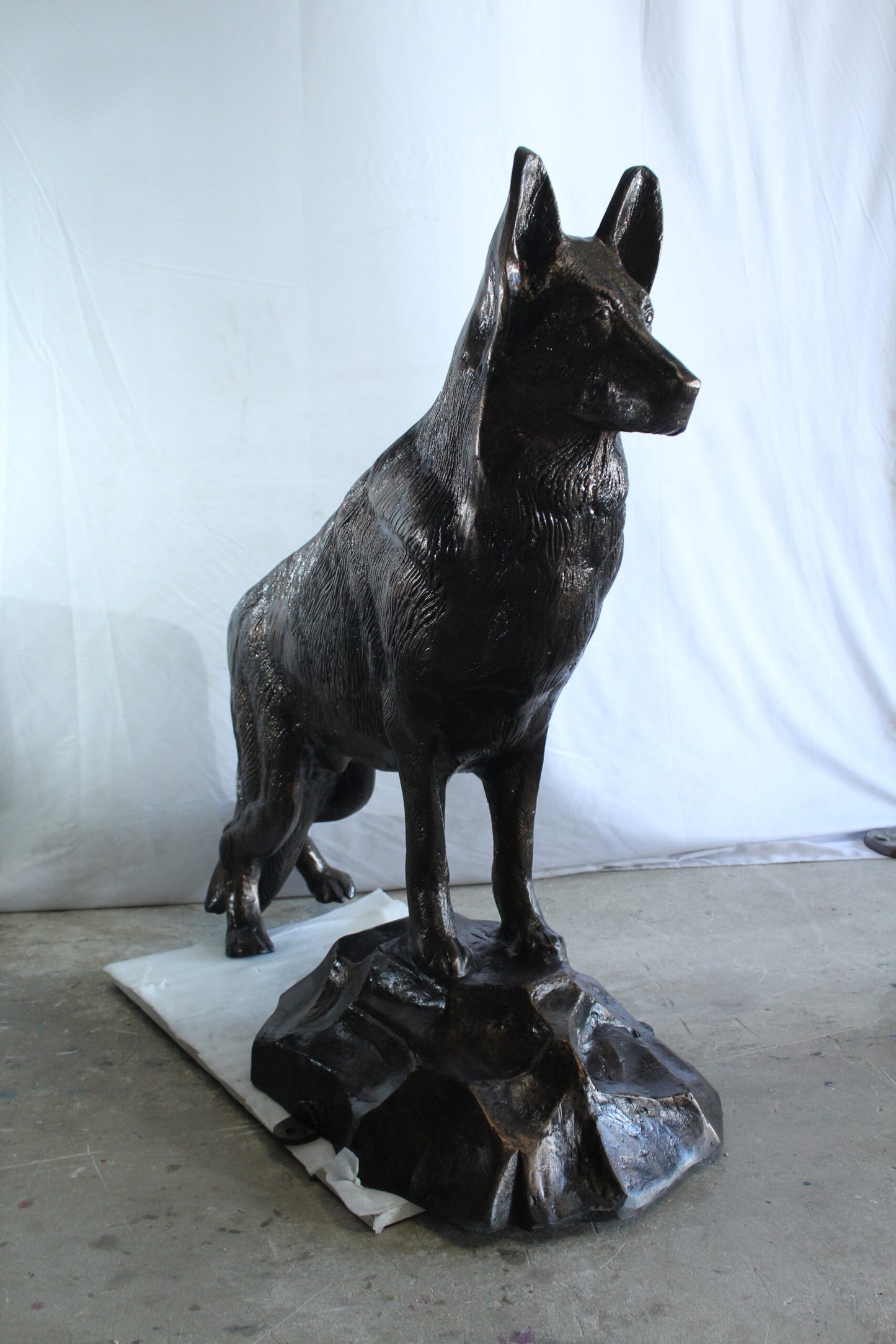 Giant Aluminum German Shepherd Statue Standing on Rock Base 46" x 20" x 49"H
