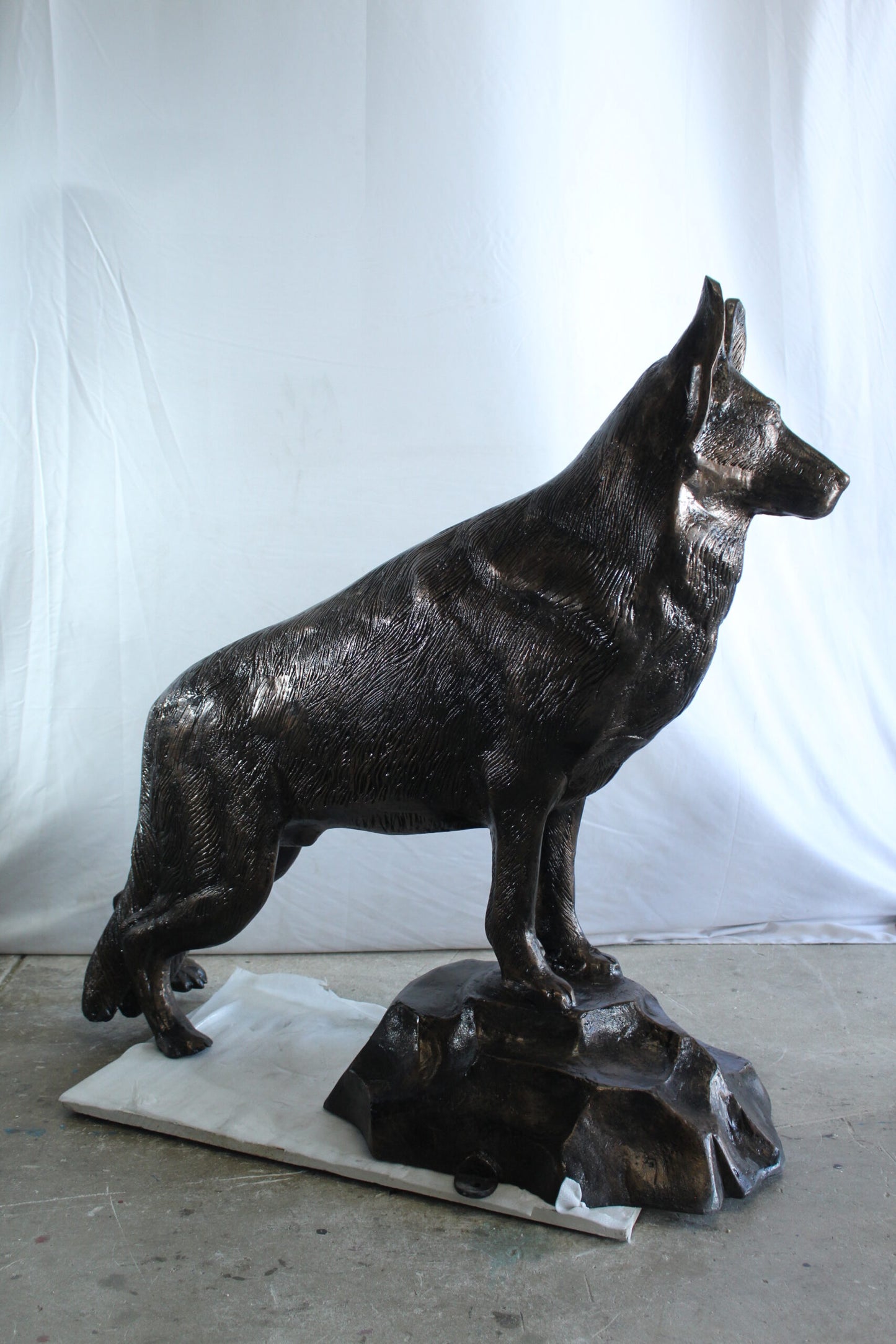 Giant Aluminum German Shepherd Statue Standing on Rock Base 46" x 20" x 49"H