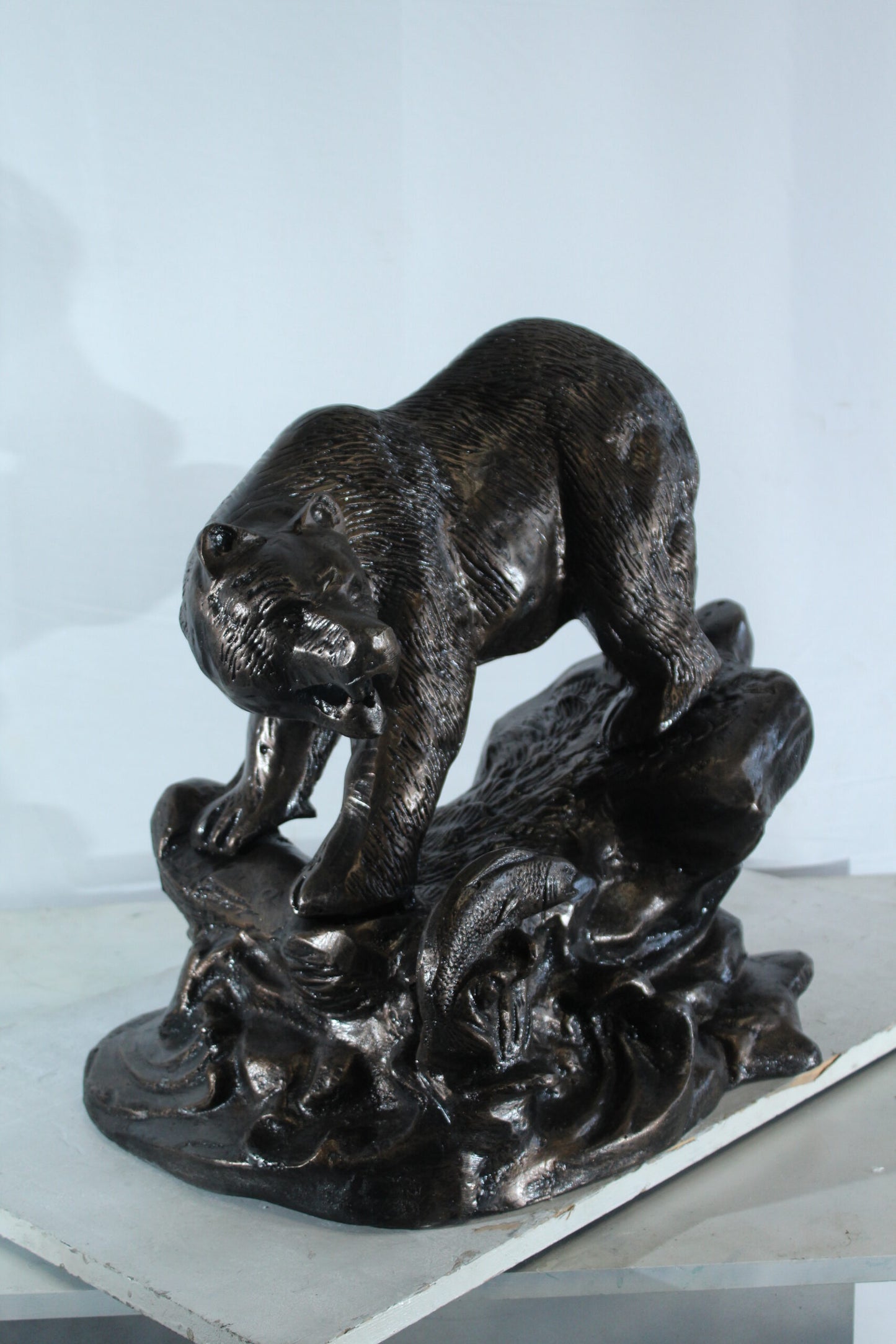 Aluminum Bear Catching Fish Statue with River Rock Detail 25" x 15" x 22"H