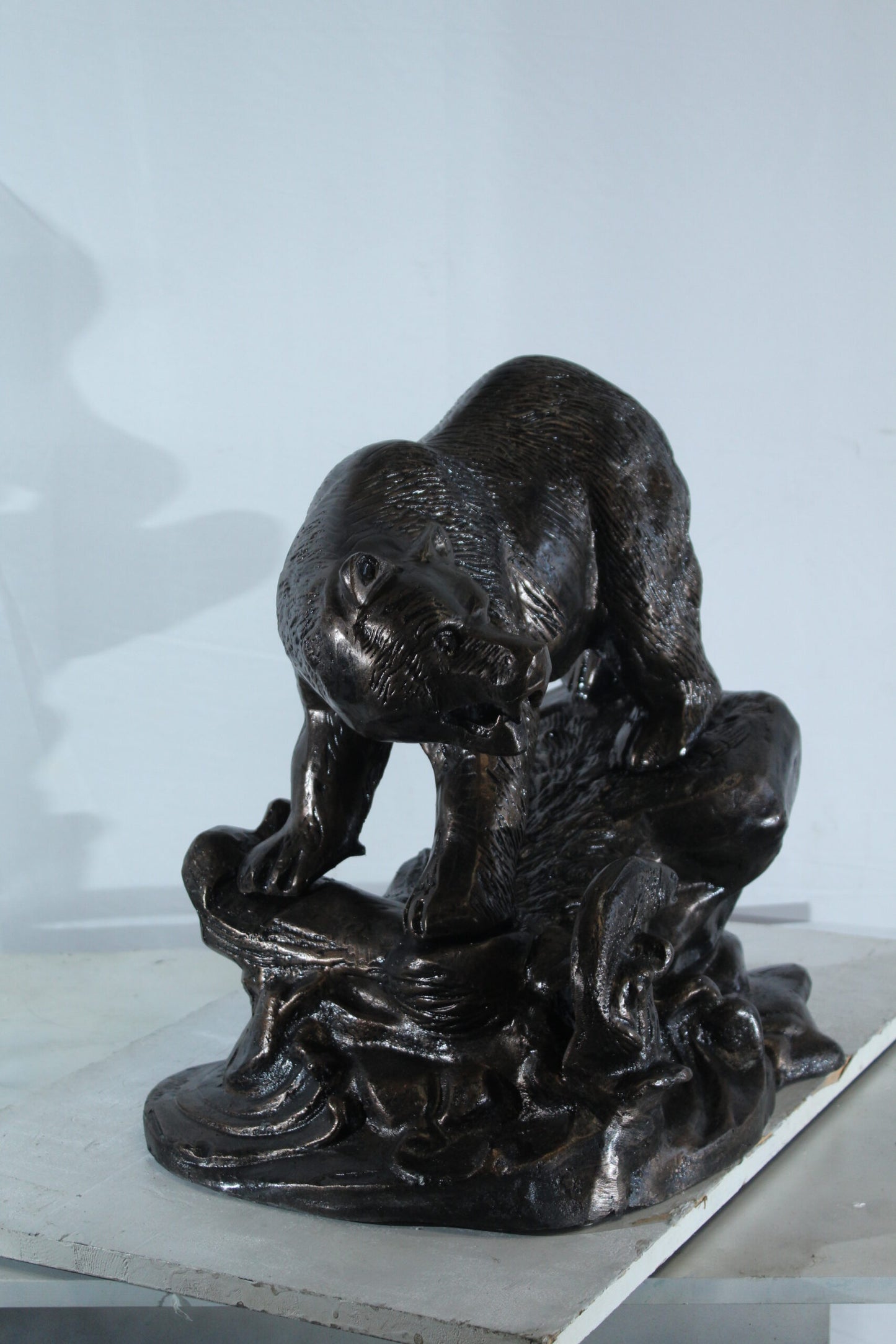 Aluminum Bear Catching Fish Statue with River Rock Detail 25" x 15" x 22"H
