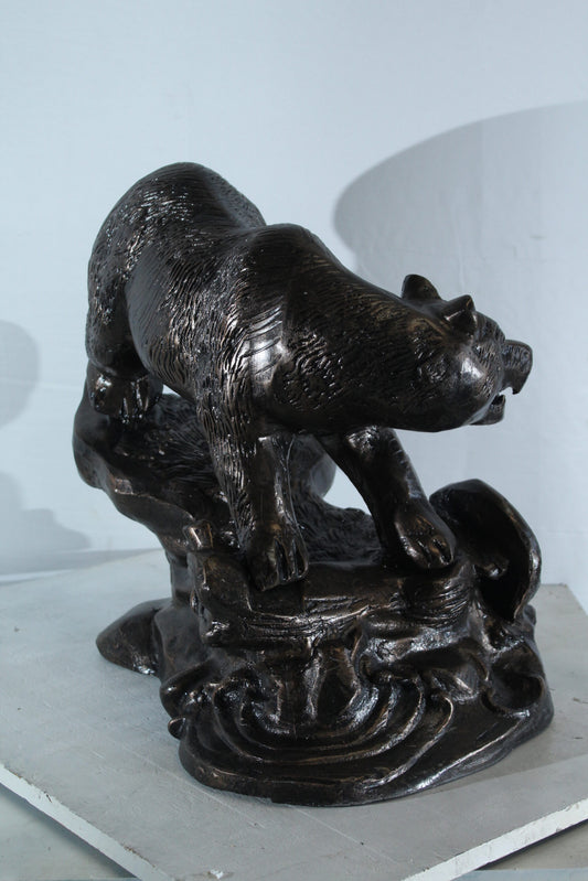 Nifao Aluminum Bear Catching Fish Statue with River Rock Detail - Realistic Wildlife Sculpture, Bronze Finish, 25" x 15" x 22"H