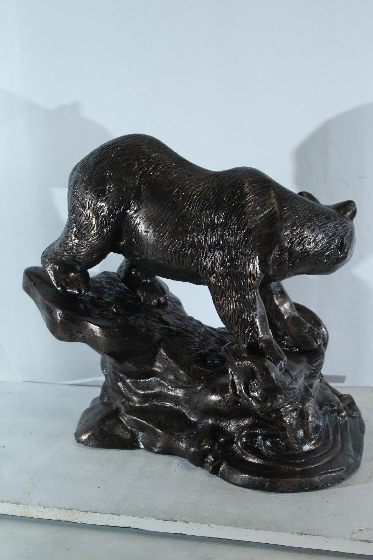 Aluminum Bear Catching Fish Statue with River Rock Detail 25" x 15" x 22"H