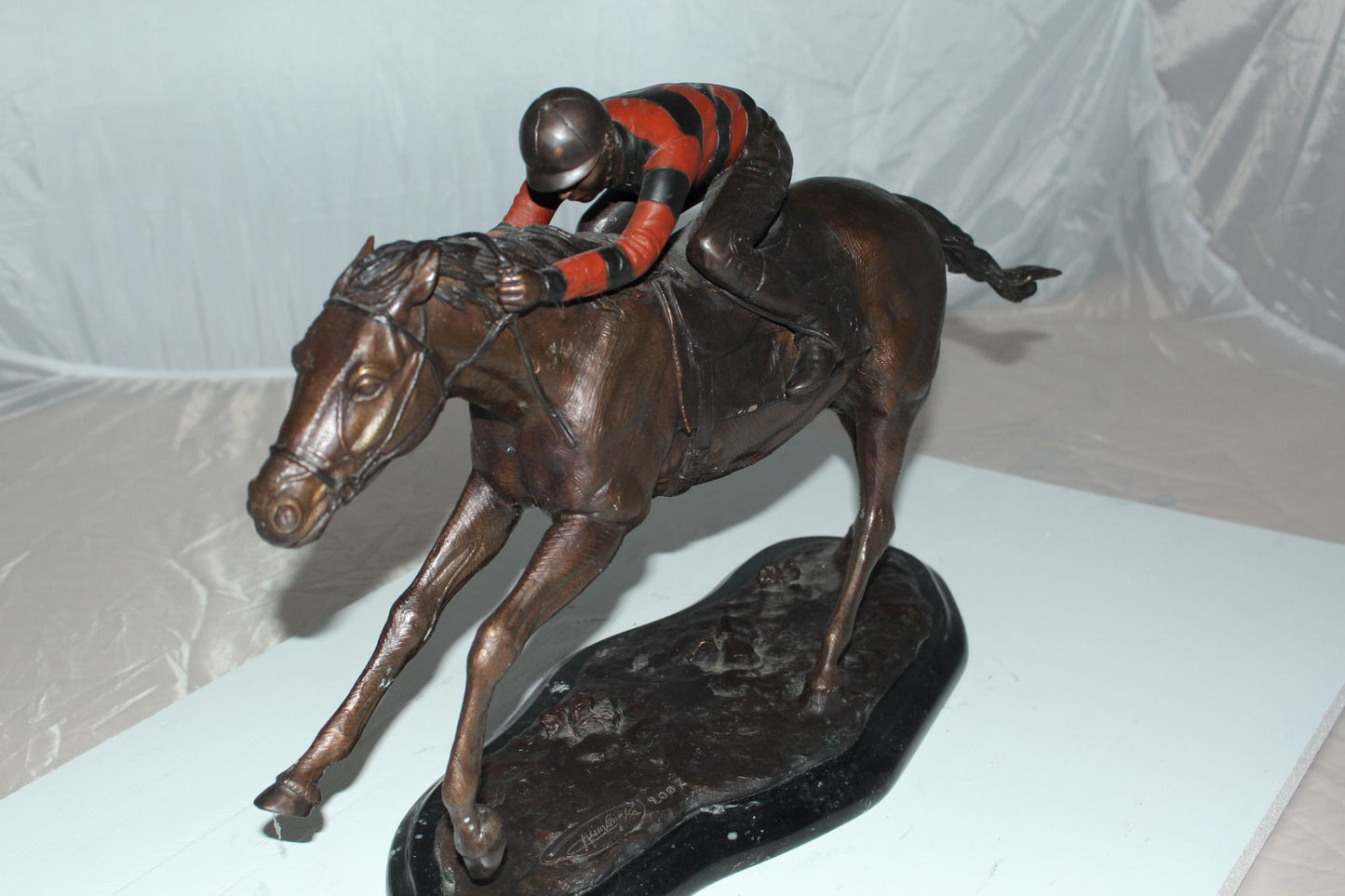 Jockey with Horse -large Bronze Statue - Size: 21"L x 8"W x 14"H.