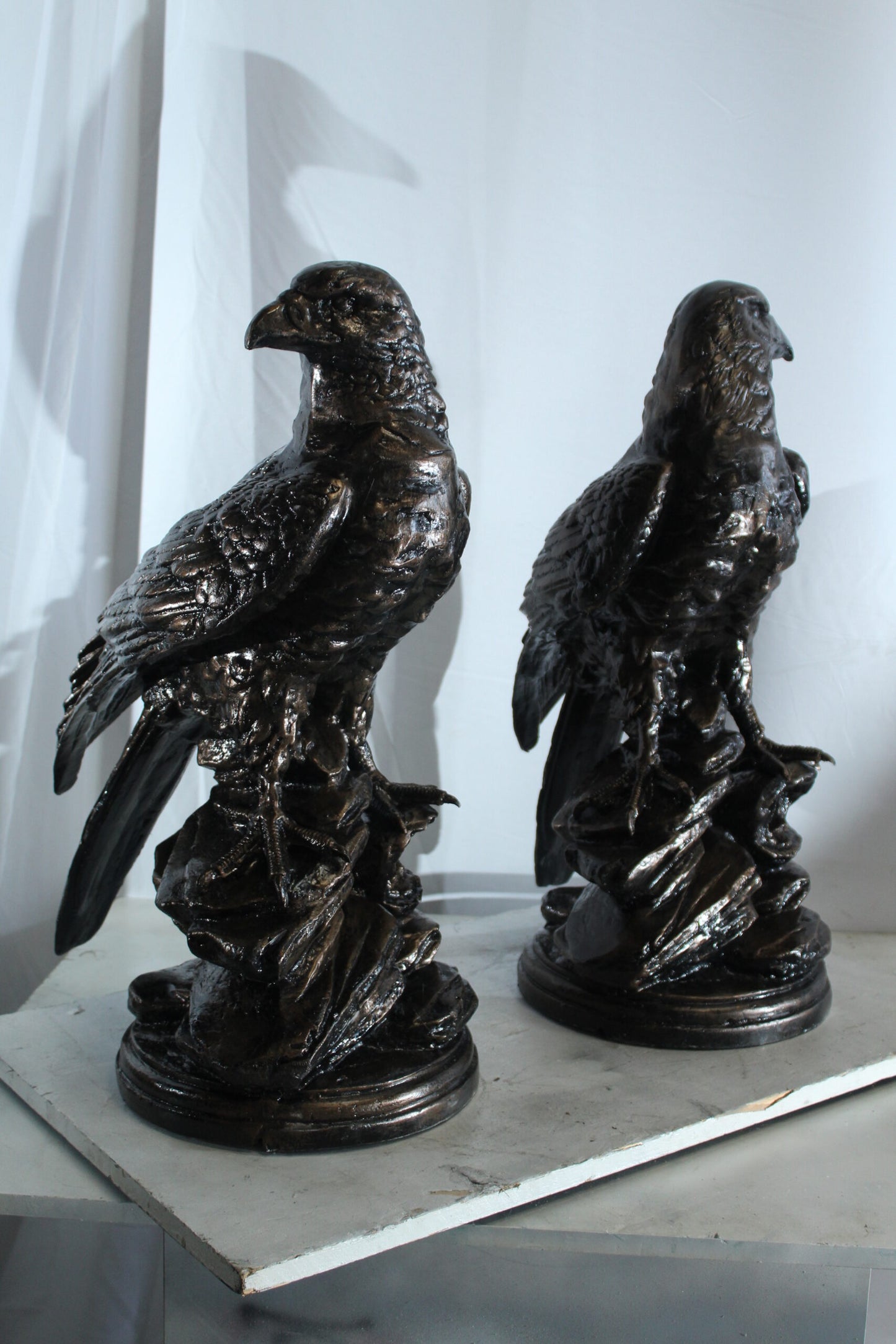Pair of Aluminum Eagle Statues Majestic Bird Sculptures 20" x 12" x 14"H