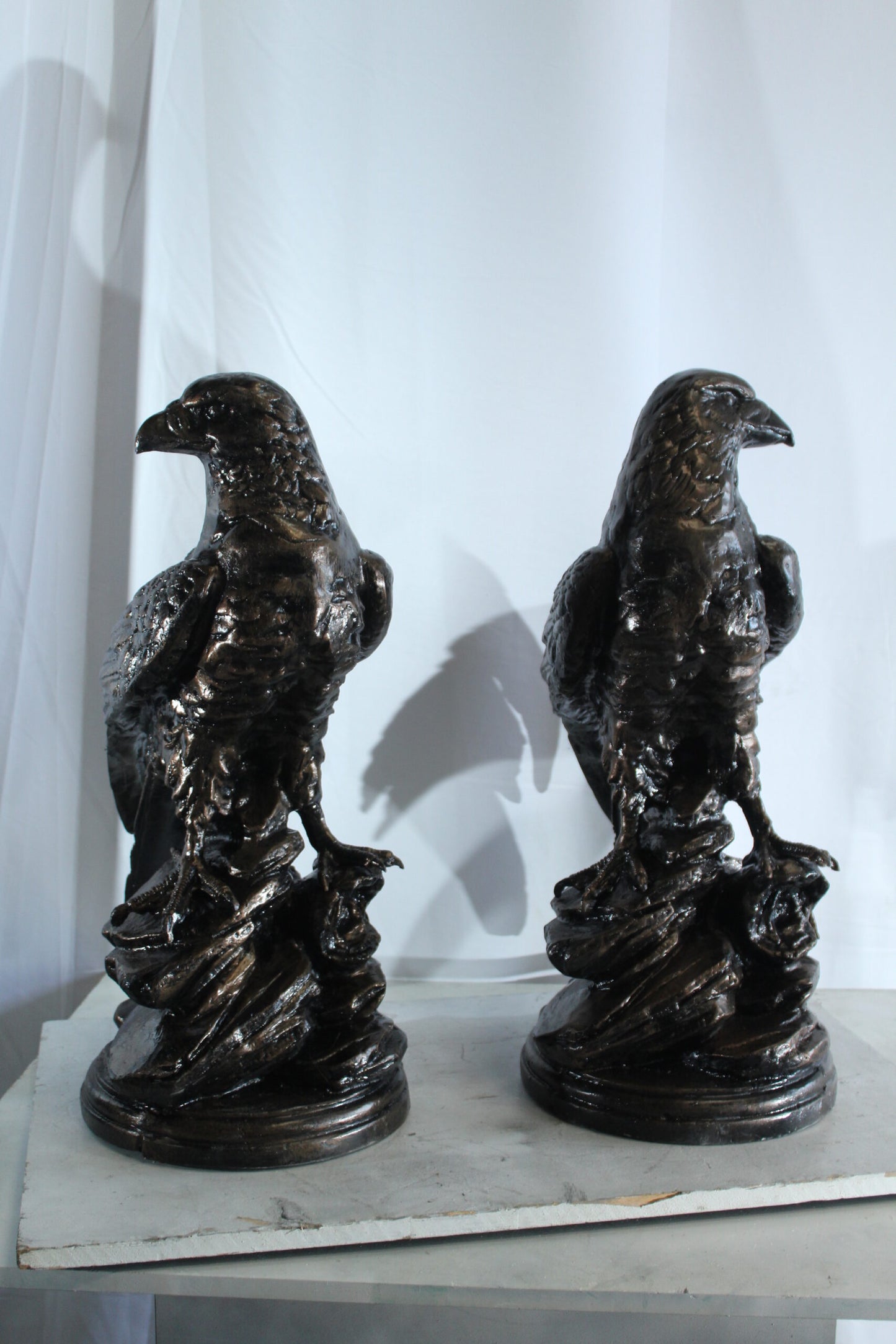 Pair of Aluminum Eagle Statues Majestic Bird Sculptures 20" x 12" x 14"H