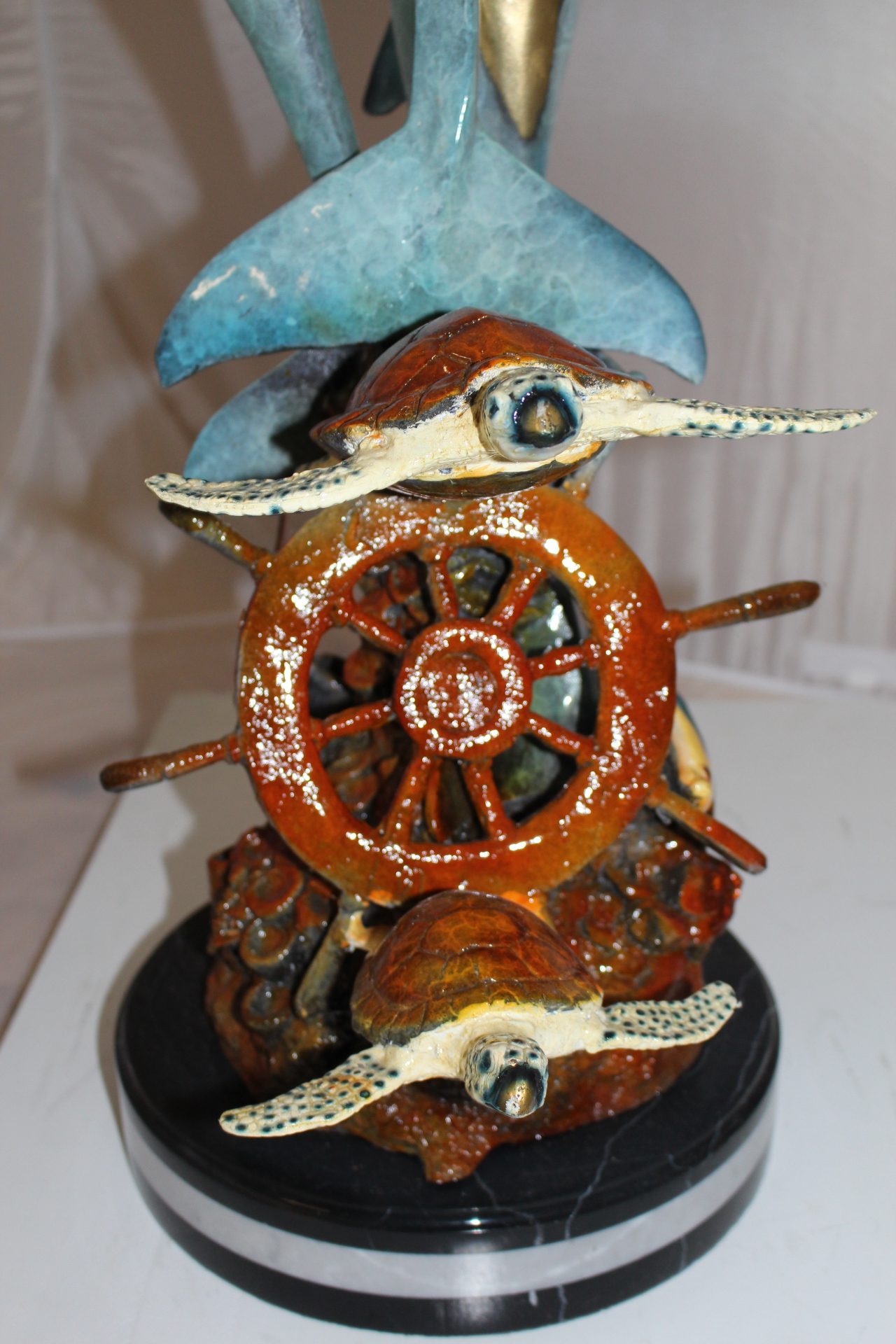 Three Dolphins W turtles and fish Bronze Statue - Size: 16"L x 16"W x 40"H.