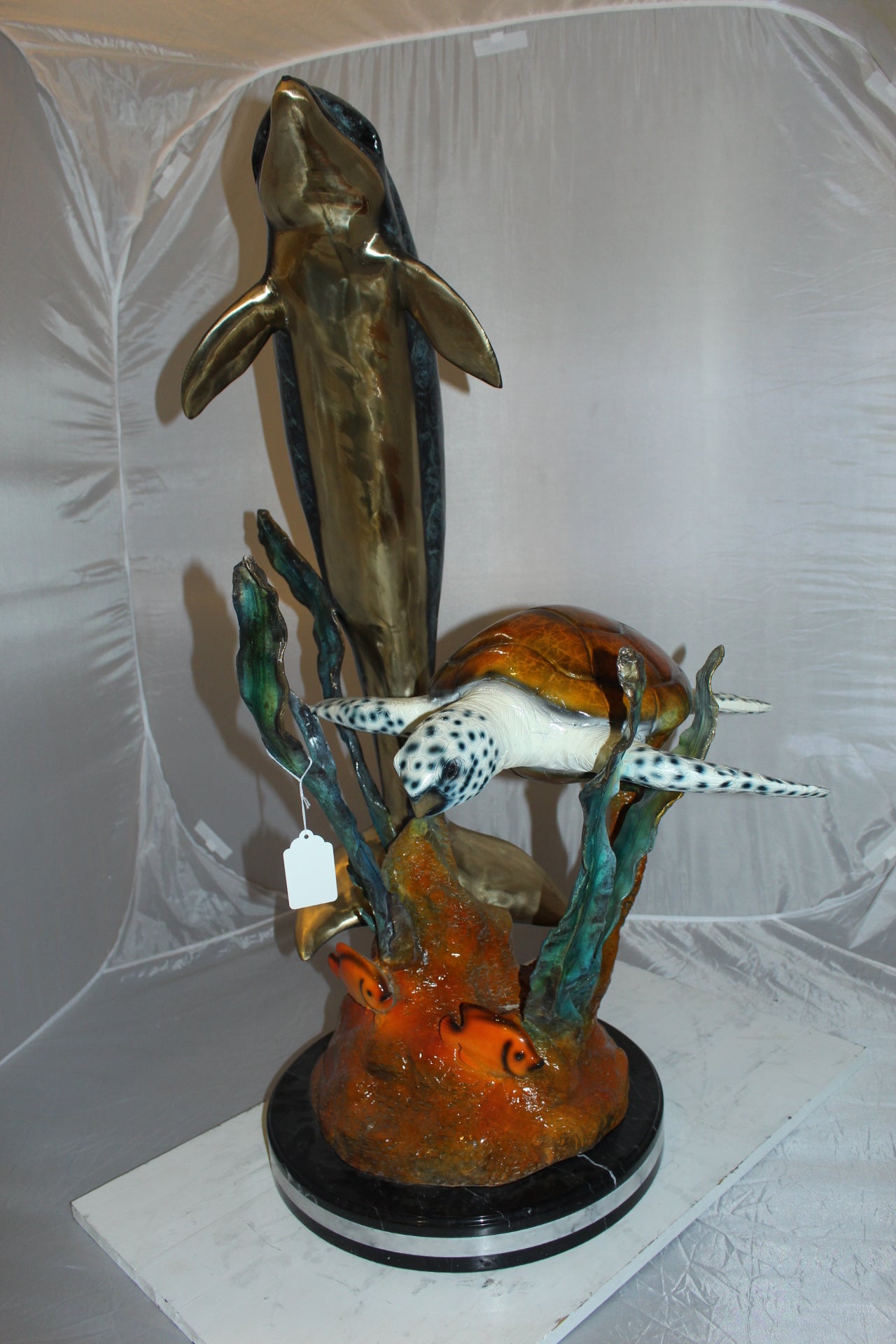 Dolphin with large turtle Bronze Statue - Size: 30"L x 30"W x 44"H.