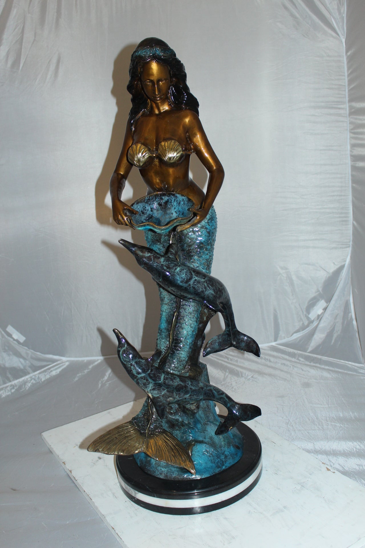 Mermaid with Dolphin Fountain Bronze Statue - Size: 16"L x 16"W x 39"H.