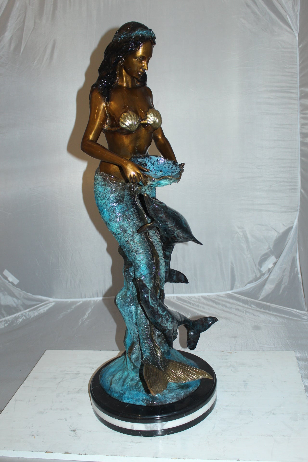 Mermaid with Dolphin Fountain Bronze Statue - Size: 16"L x 16"W x 39"H.