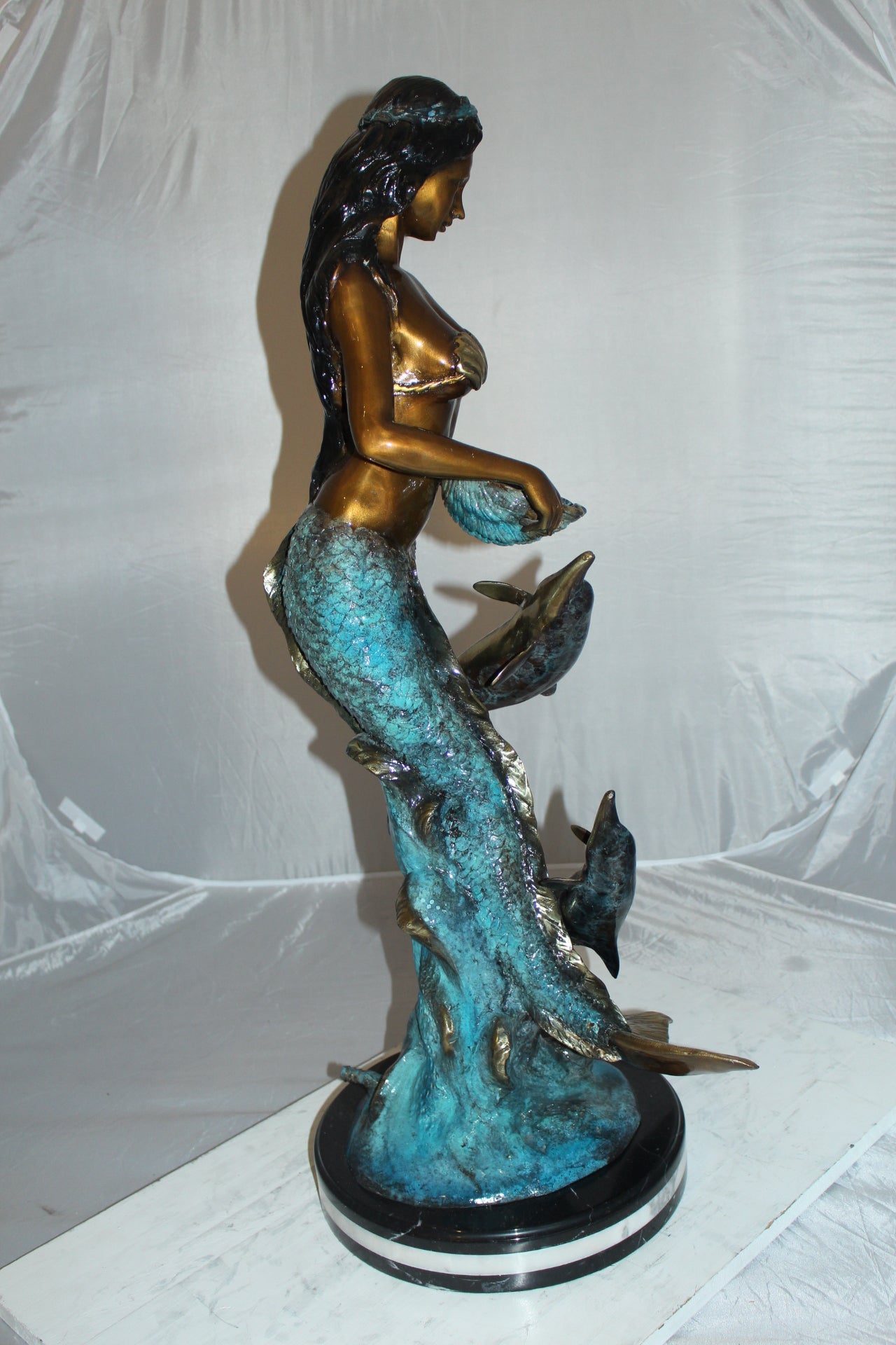 Mermaid with Dolphin Fountain Bronze Statue - Size: 16"L x 16"W x 39"H.