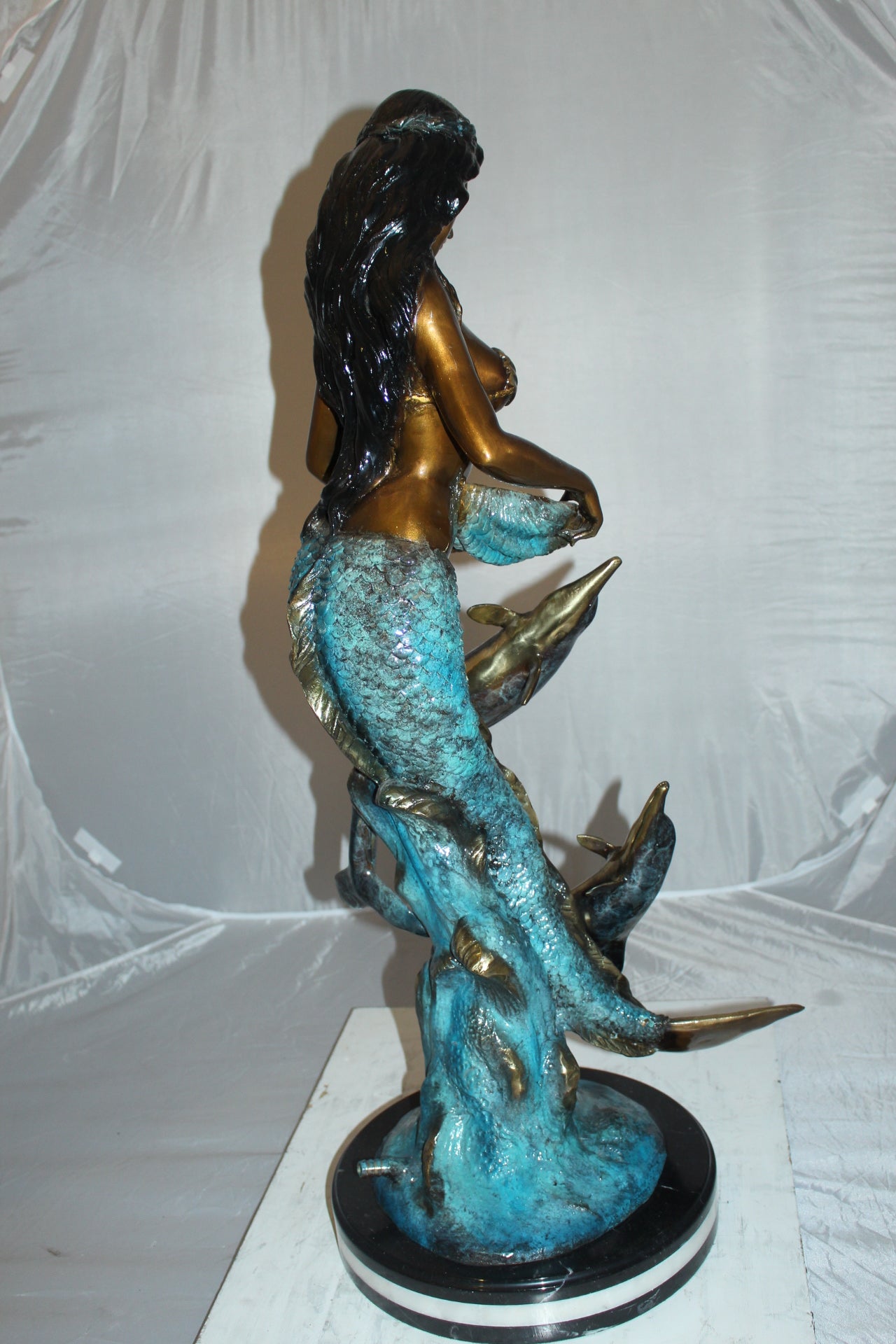 Mermaid with Dolphin Fountain Bronze Statue - Size: 16"L x 16"W x 39"H.