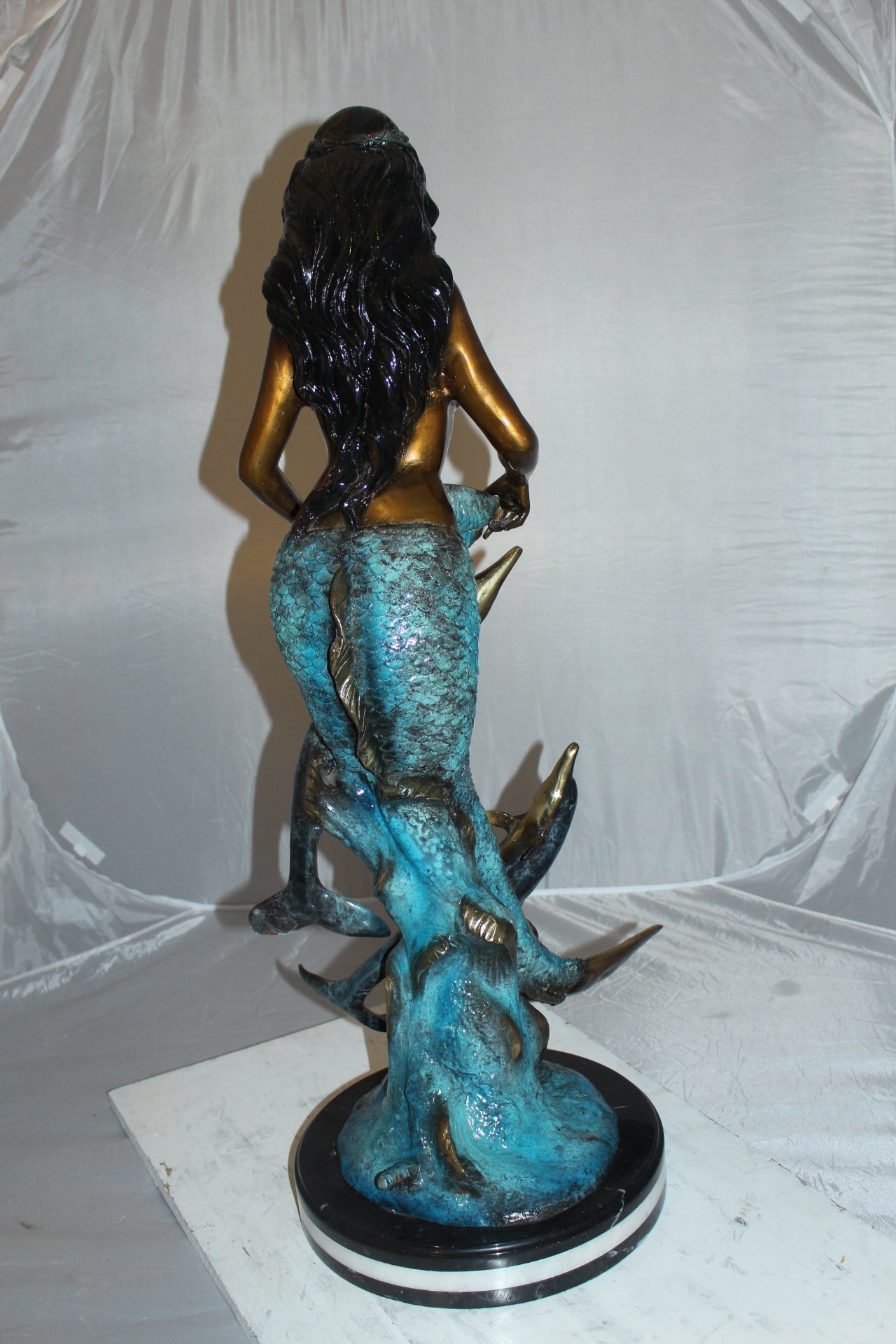 Mermaid with Dolphin Fountain Bronze Statue - Size: 16"L x 16"W x 39"H.