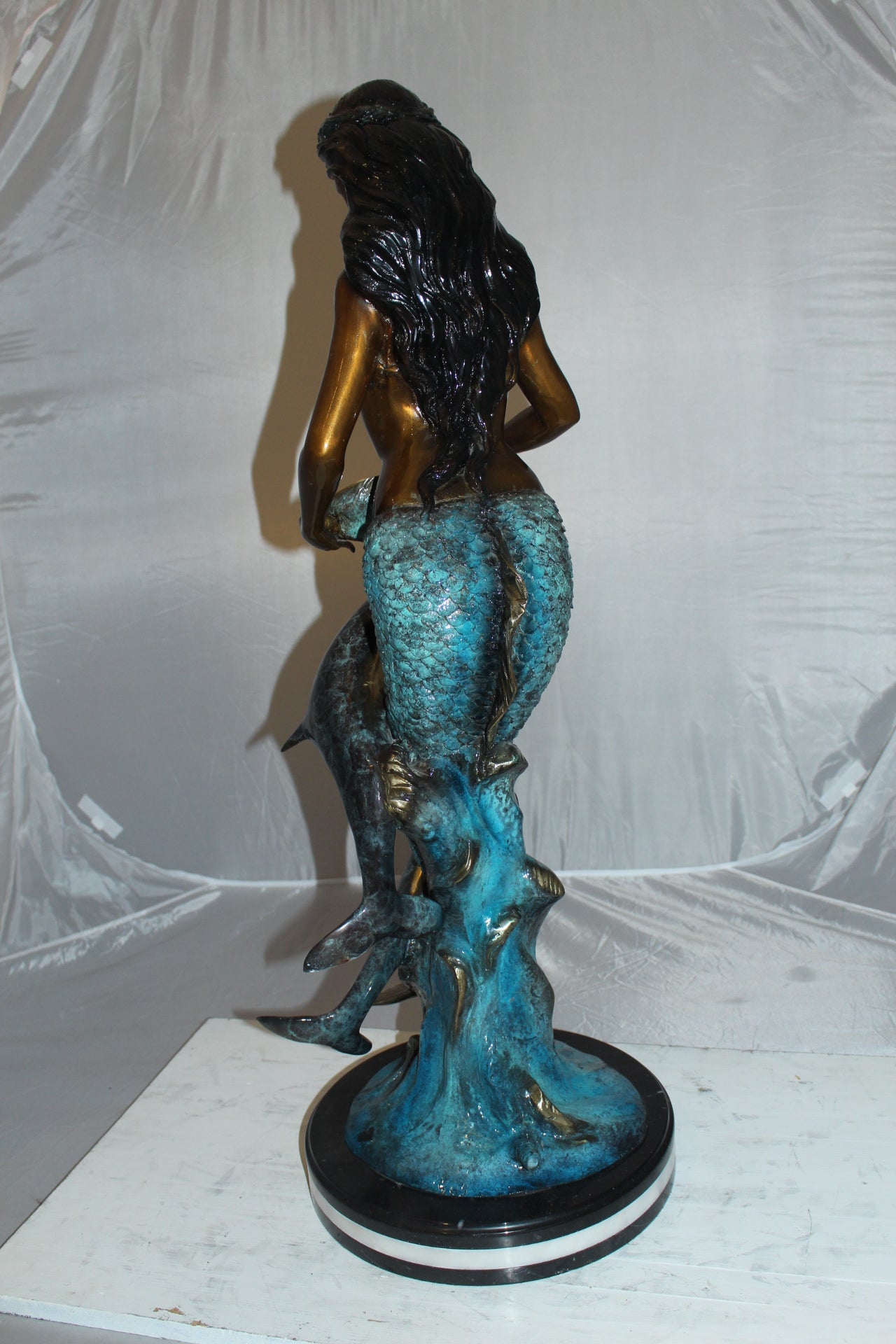 Mermaid with Dolphin Fountain Bronze Statue - Size: 16"L x 16"W x 39"H.