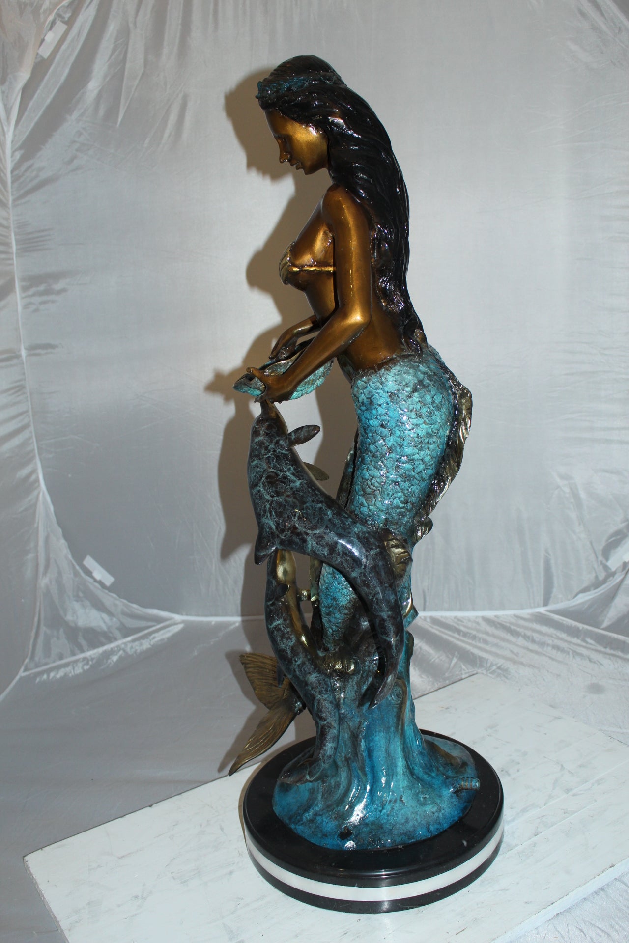 Mermaid with Dolphin Fountain Bronze Statue - Size: 16"L x 16"W x 39"H.