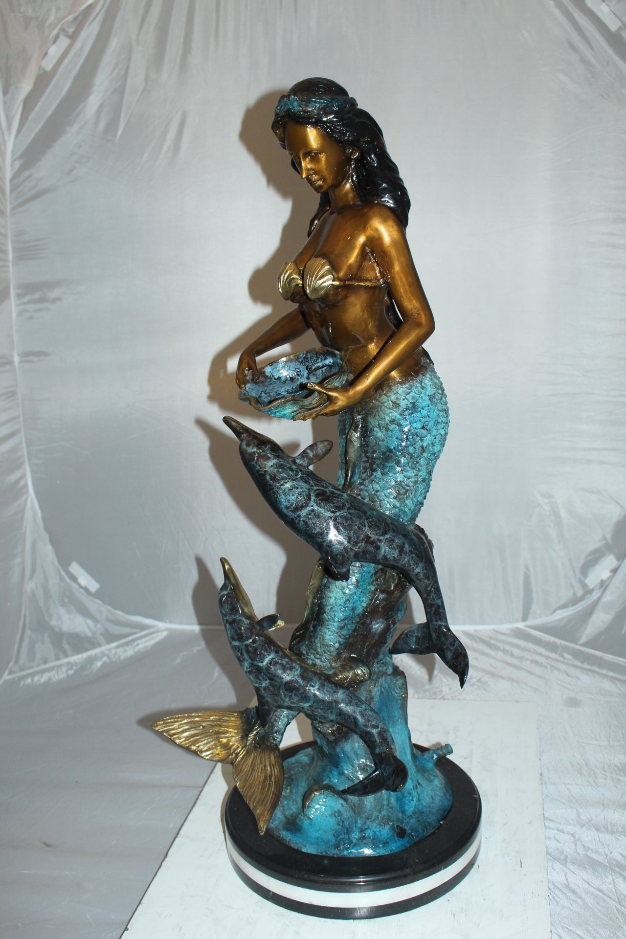 Mermaid with Dolphin Fountain Bronze Statue - Size: 16"L x 16"W x 39"H.