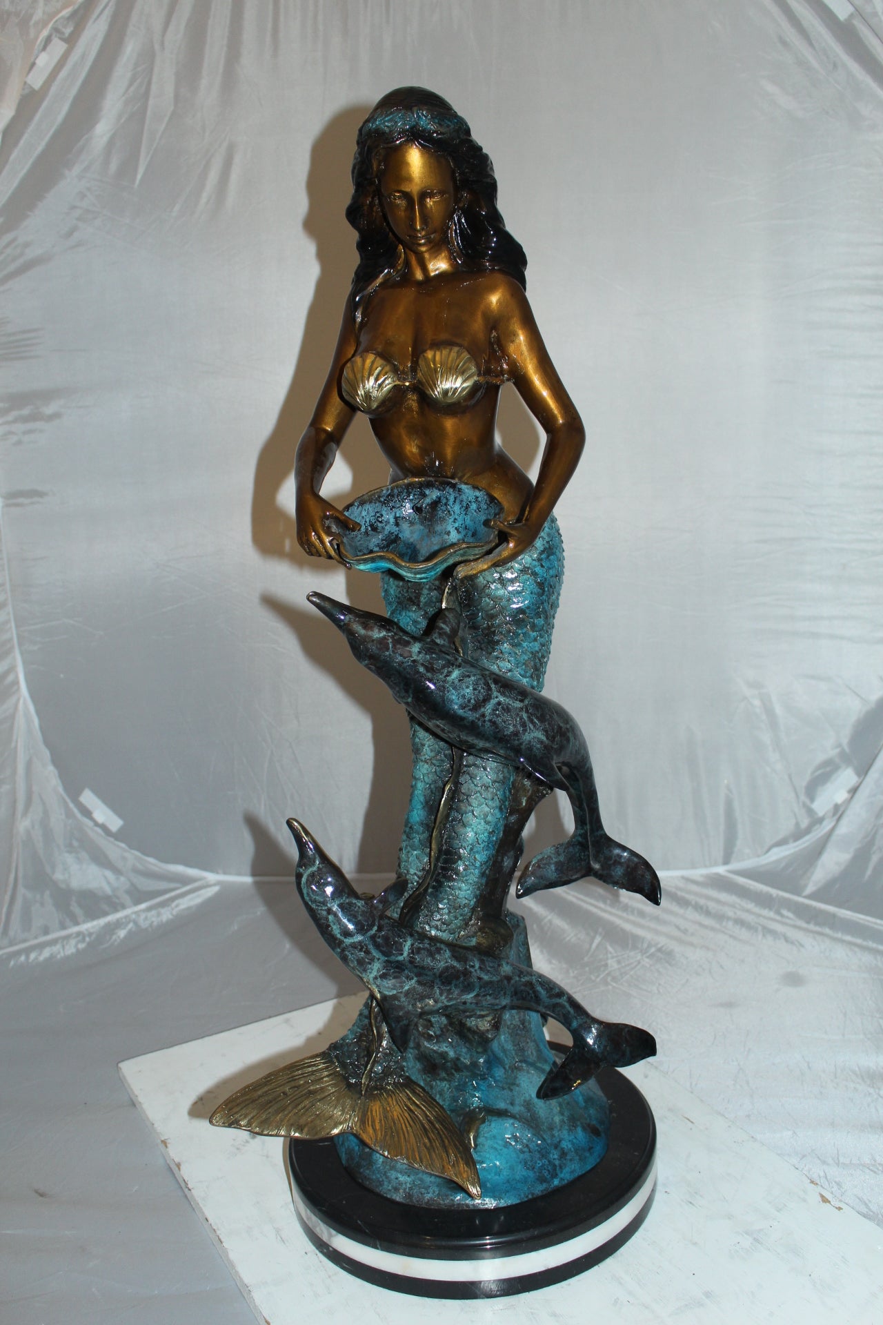 Mermaid with Dolphin Fountain Bronze Statue - Size: 16"L x 16"W x 39"H.