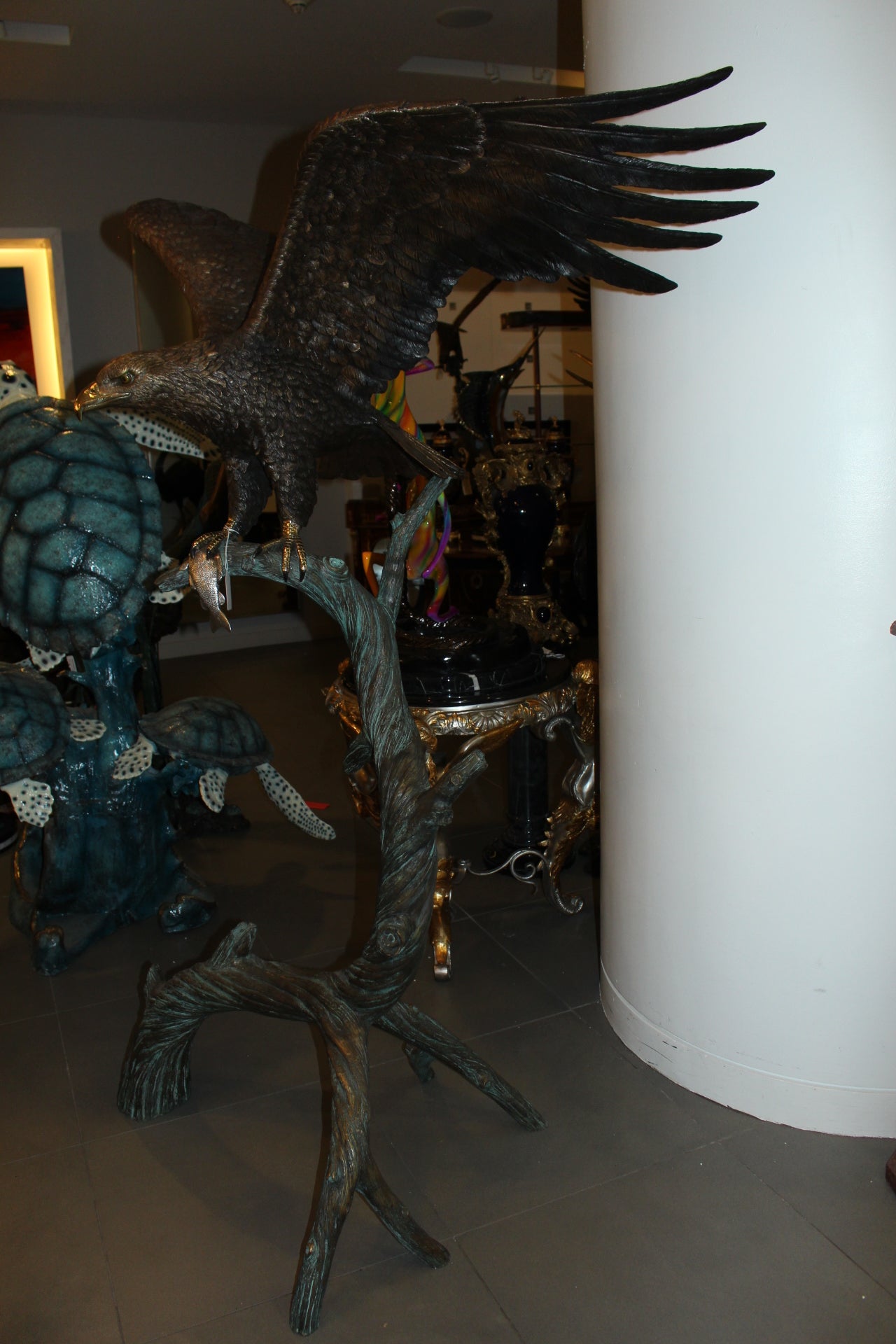 Large Eagle standing on tree with his fish prey Bronze Statue - 60"x 40"x 75"H