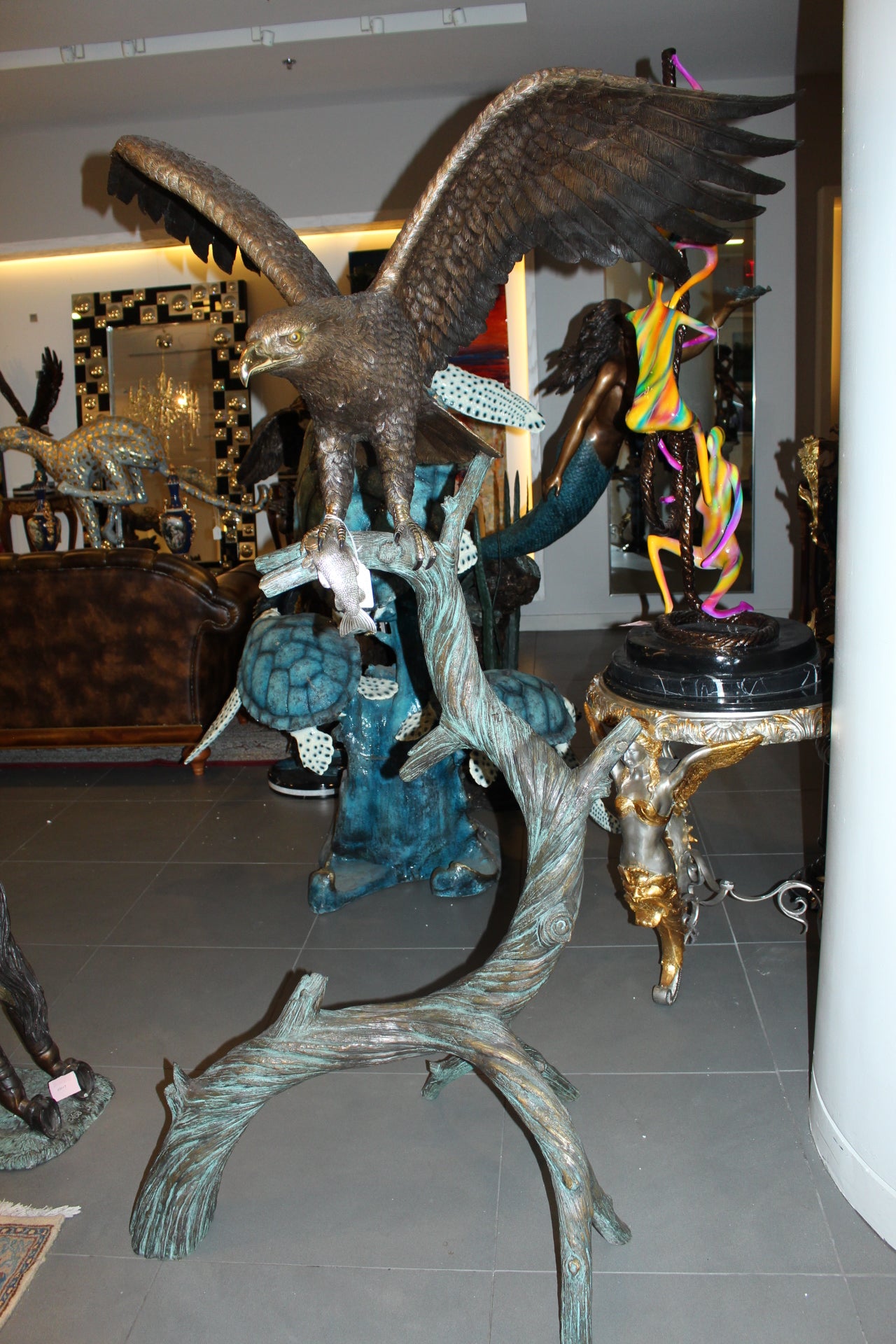 Large Eagle standing on tree with his fish prey Bronze Statue - 60"x 40"x 75"H