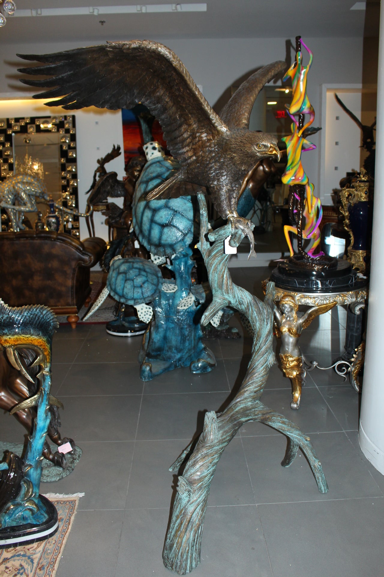 Large Eagle standing on tree with his fish prey Bronze Statue - 60"x 40"x 75"H