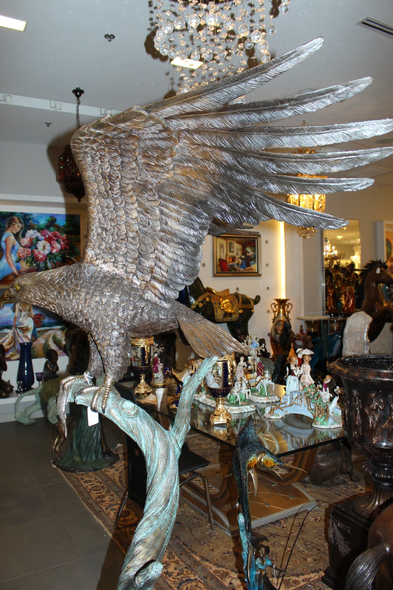 Large Eagle standing on tree with his fish prey Bronze Statue - 60"x 40"x 75"H