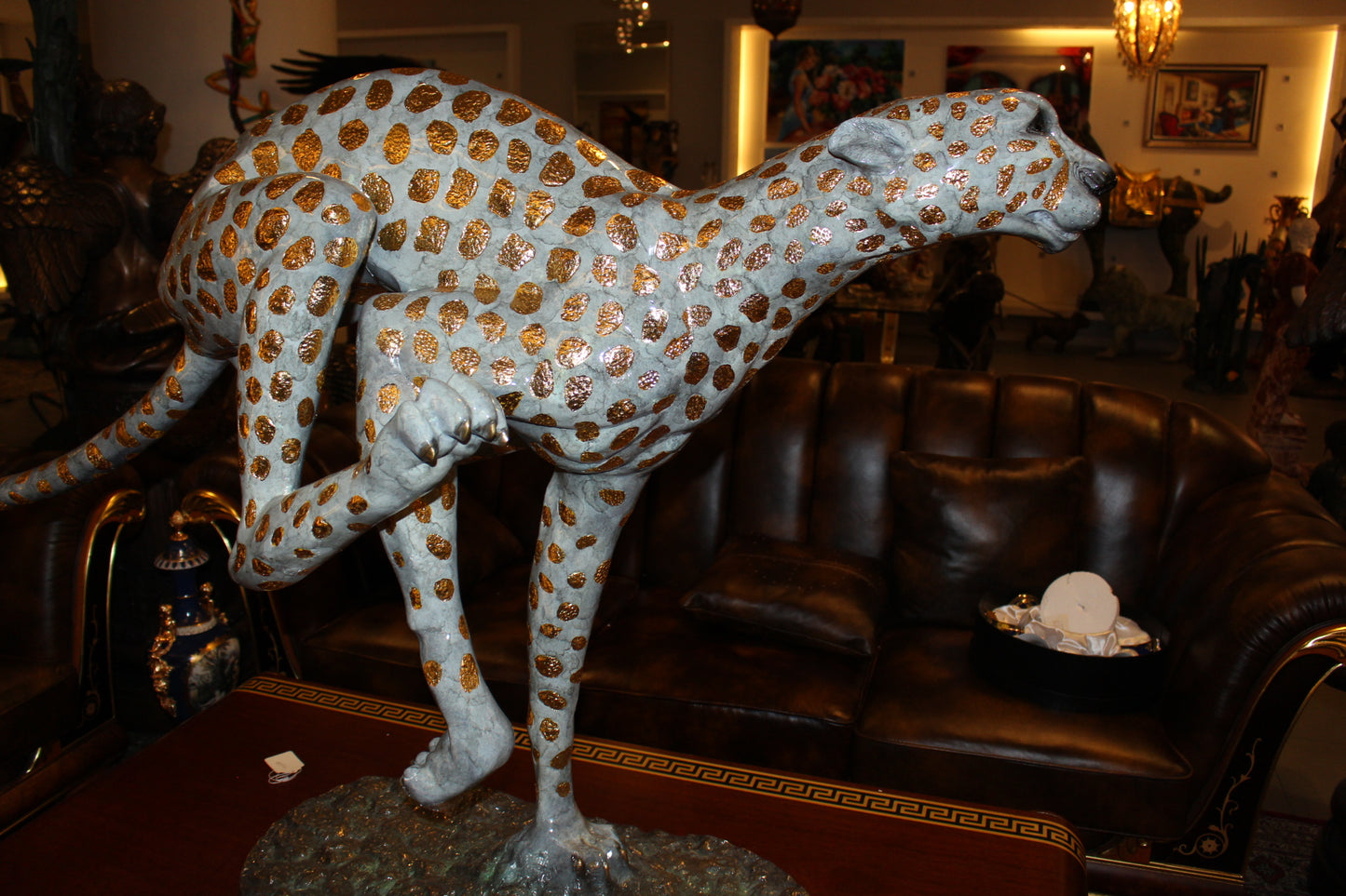 Running Cheetah - Gold Pleated Bronze Statue - Size: 67"L x 23"W x 41"H.