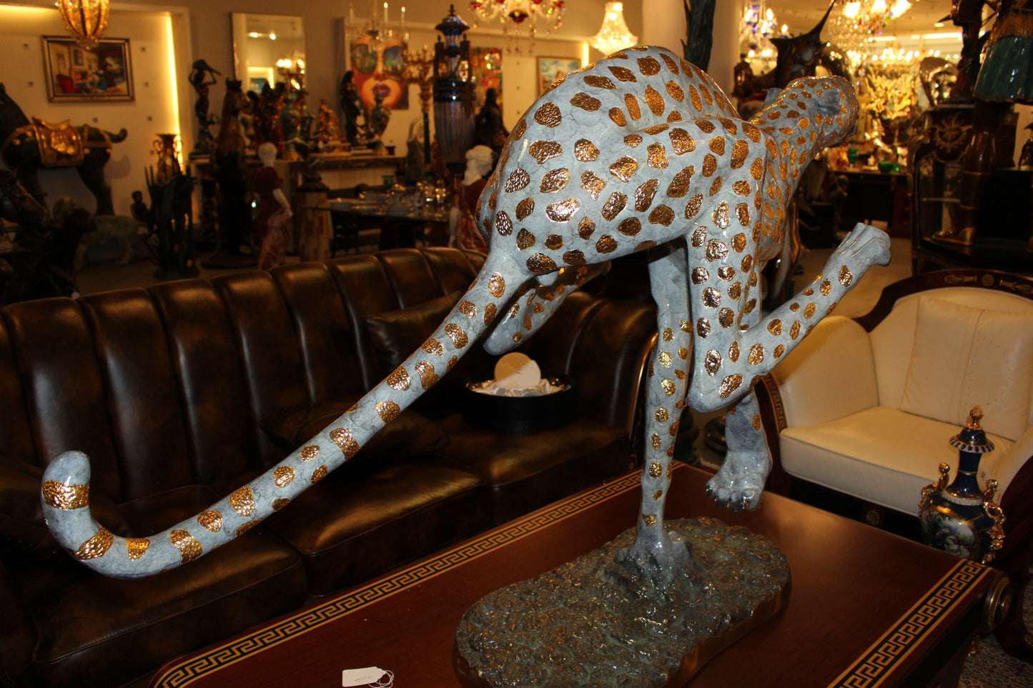 Running Cheetah - Gold Pleated Bronze Statue - Size: 67"L x 23"W x 41"H.