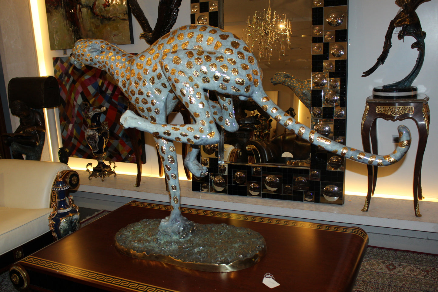 Running Cheetah - Gold Pleated Bronze Statue - Size: 67"L x 23"W x 41"H.