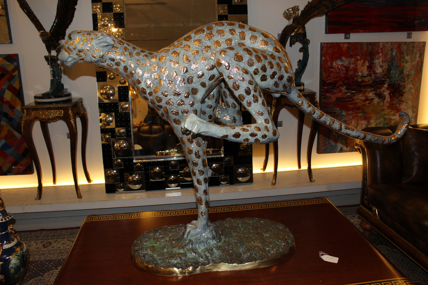 Running Cheetah - Gold Pleated Bronze Statue - Size: 67"L x 23"W x 41"H.