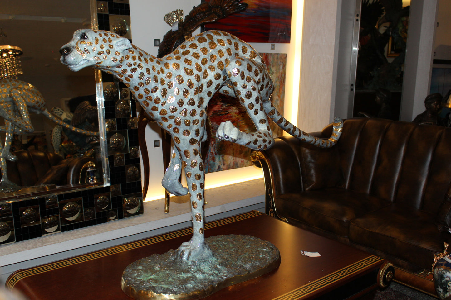Running Cheetah - Gold Pleated Bronze Statue - Size: 67"L x 23"W x 41"H.