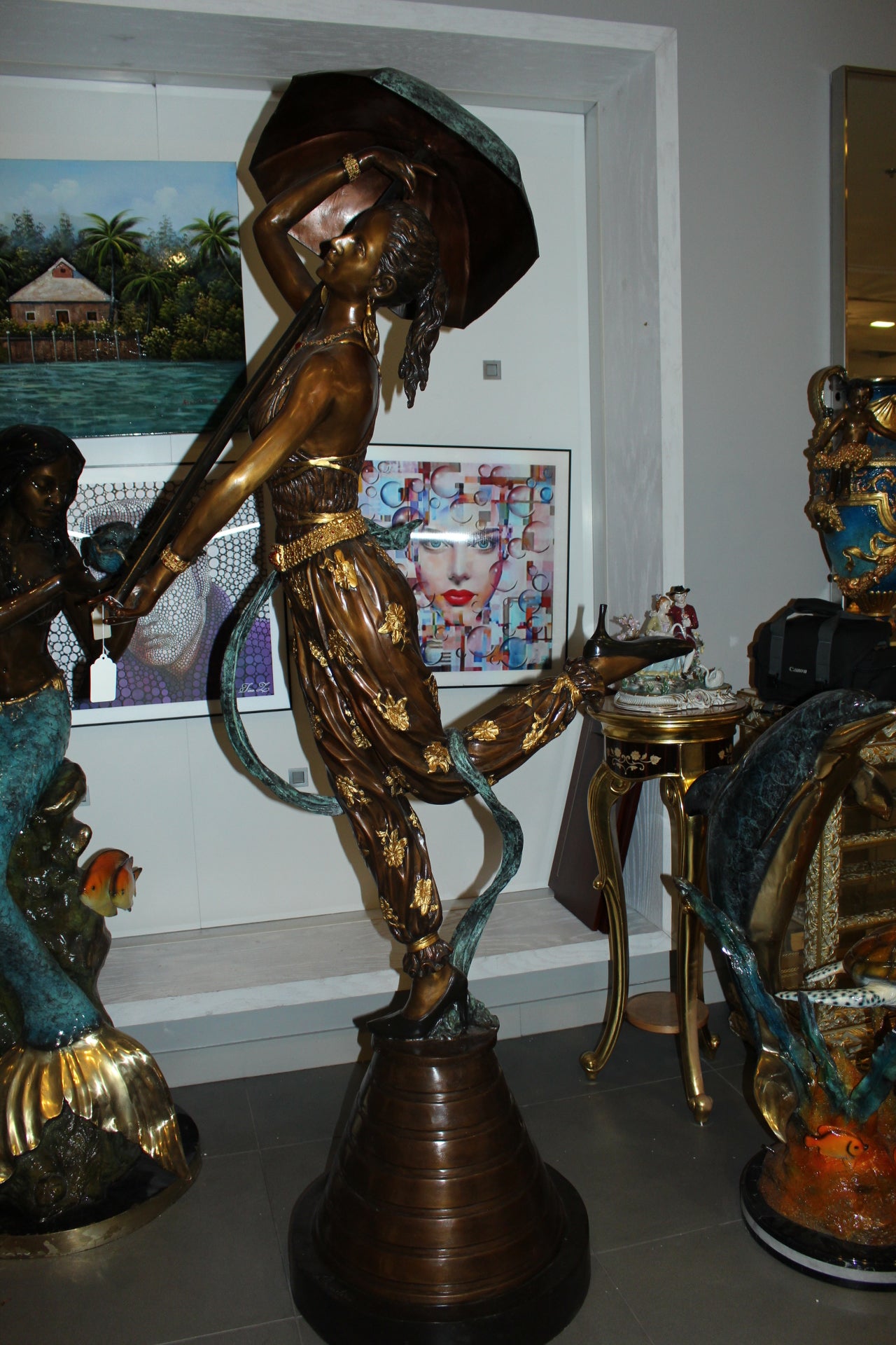 Dancer with umbrella - large Bronze Statue - Size: 24"L x 42"W x 88"H.