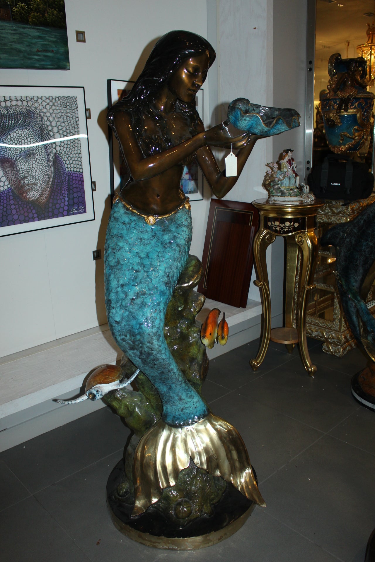 Mermaid holding shell L, W turtle and fish Bronze fountain - 38" x 24" x 68"H.