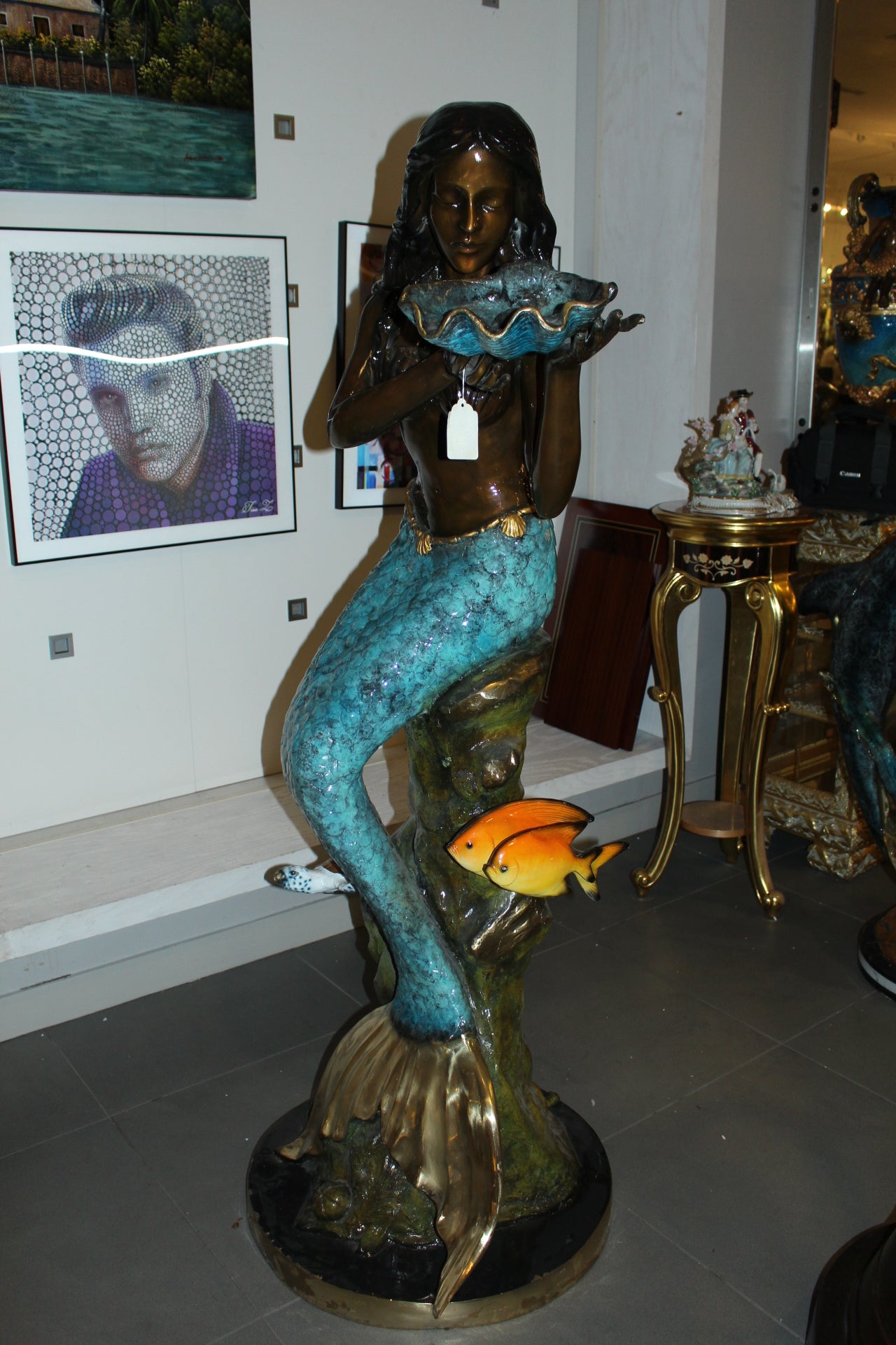 Mermaid holding shell L, W turtle and fish Bronze fountain - 38" x 24" x 68"H.