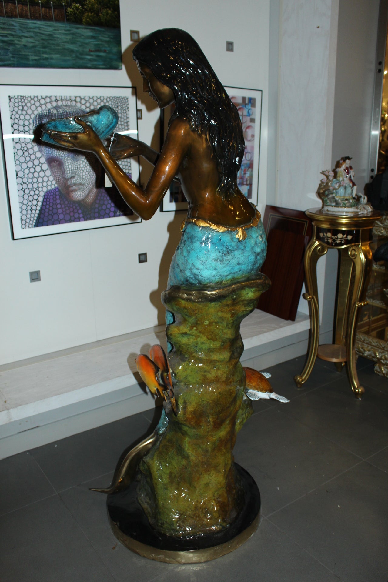 Mermaid holding shell L, W turtle and fish Bronze fountain - 38" x 24" x 68"H.
