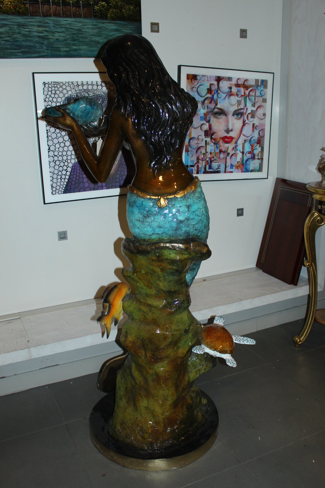 Mermaid holding shell L, W turtle and fish Bronze fountain - 38" x 24" x 68"H.